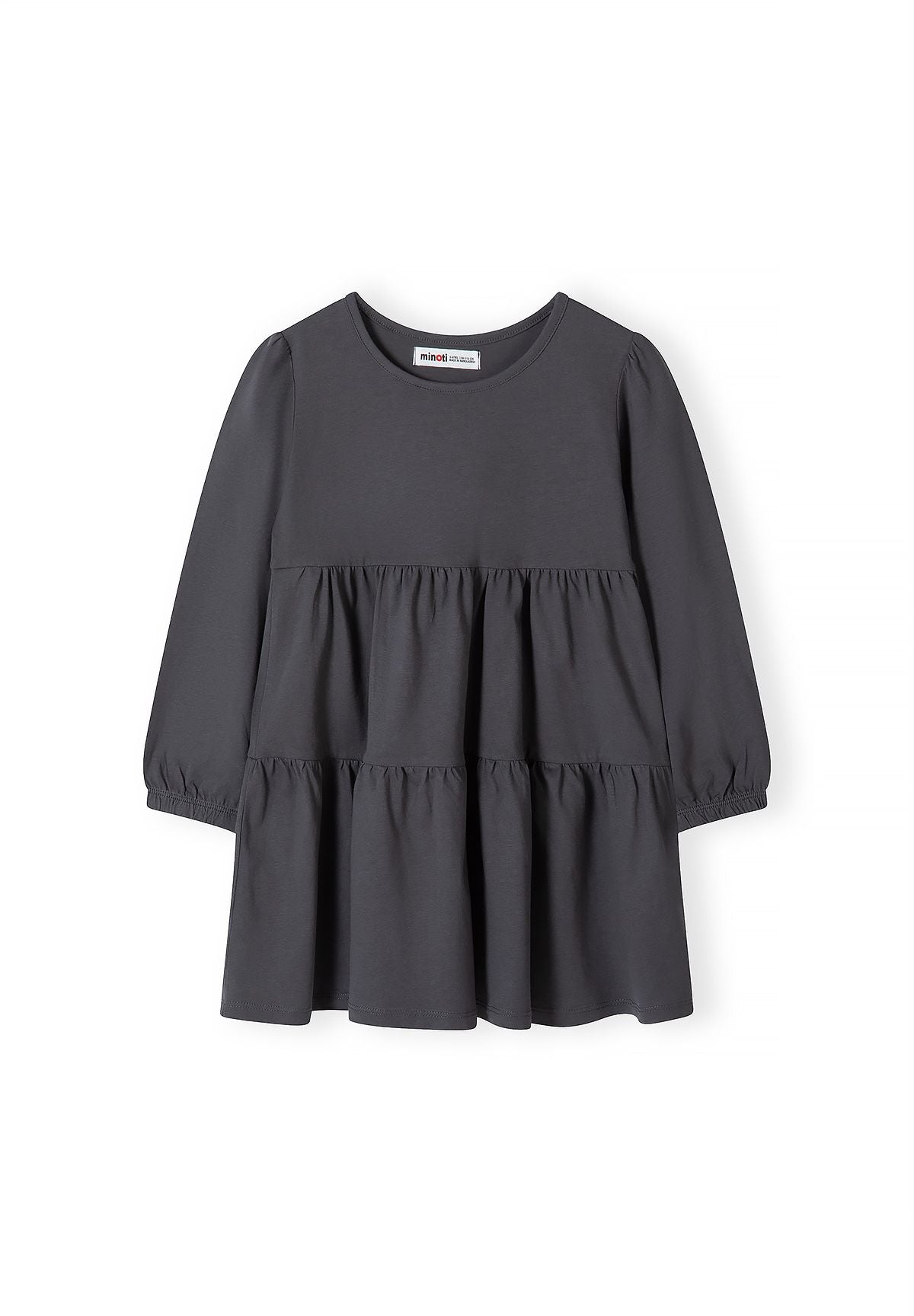 Front of plain charcoal girls' dress with two gathered skirt tiers.