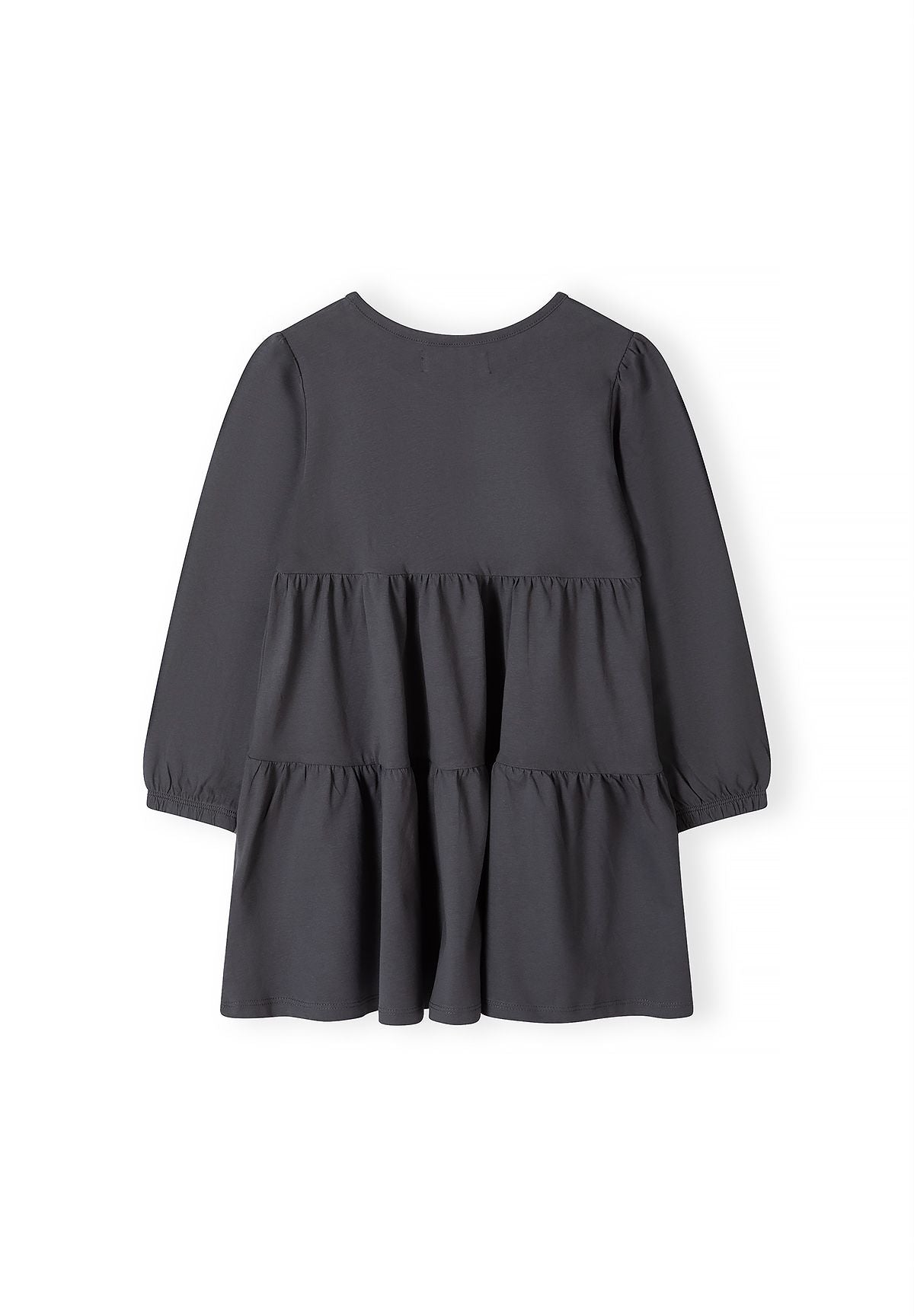 Back of plain charcoal tiered dress with long elastic-cuff sleeves.