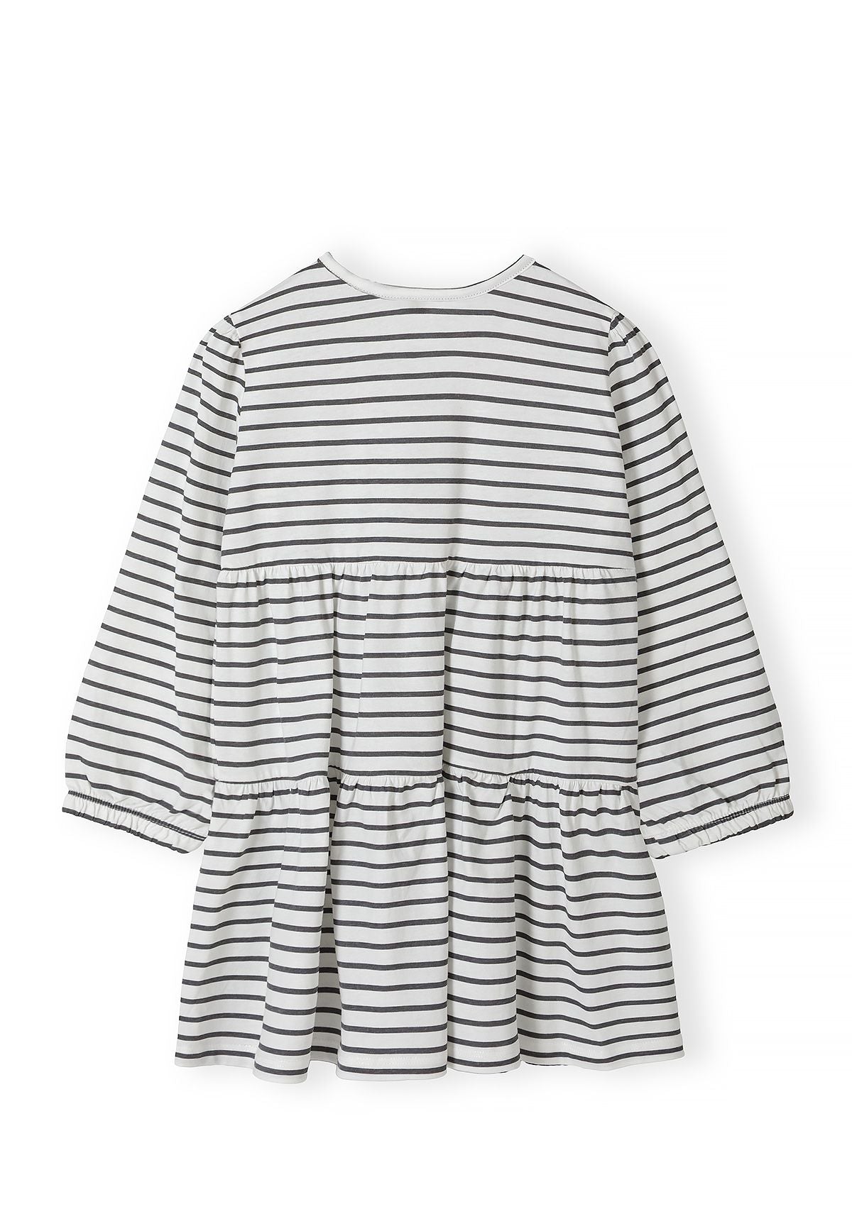 Back of white tiered dress with thin charcoal stripes and gathered sleeves.