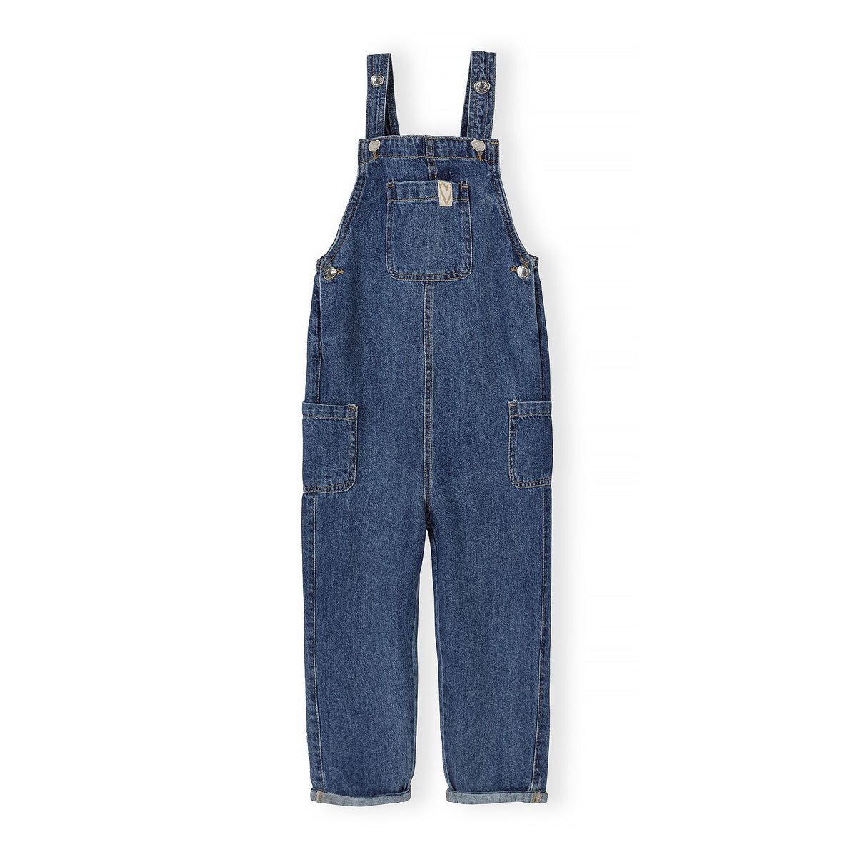Girls' denim dungarees with adjustable straps in blue — complete product view for square Shop card