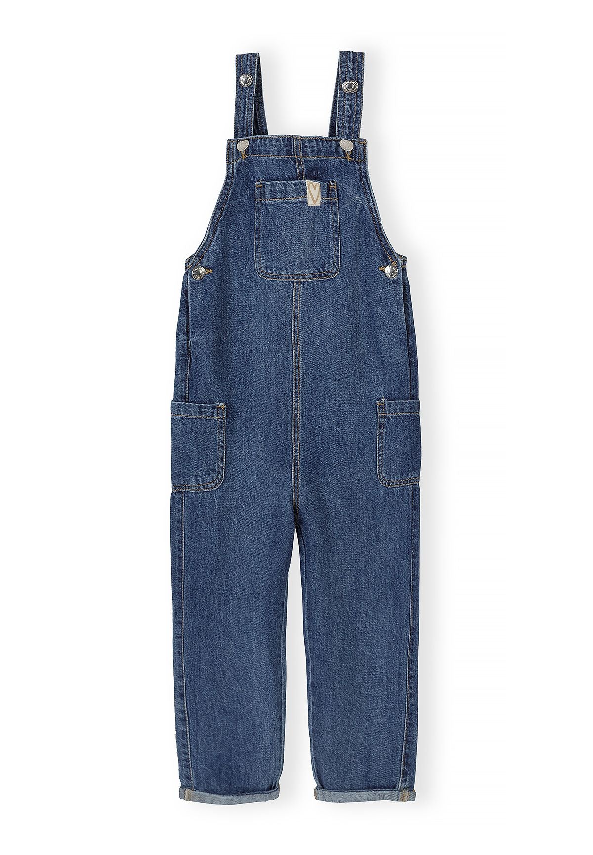 Front of blue denim dungarees with button straps, bib pocket, side patch pockets and turned-up hems.
