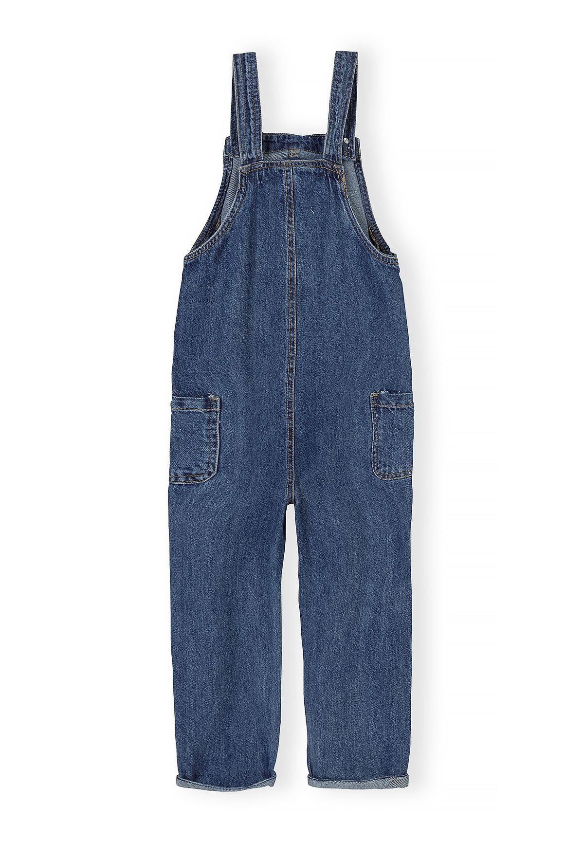 Back of blue denim dungarees with straight shoulder straps, side patch pockets and turned-up hems.