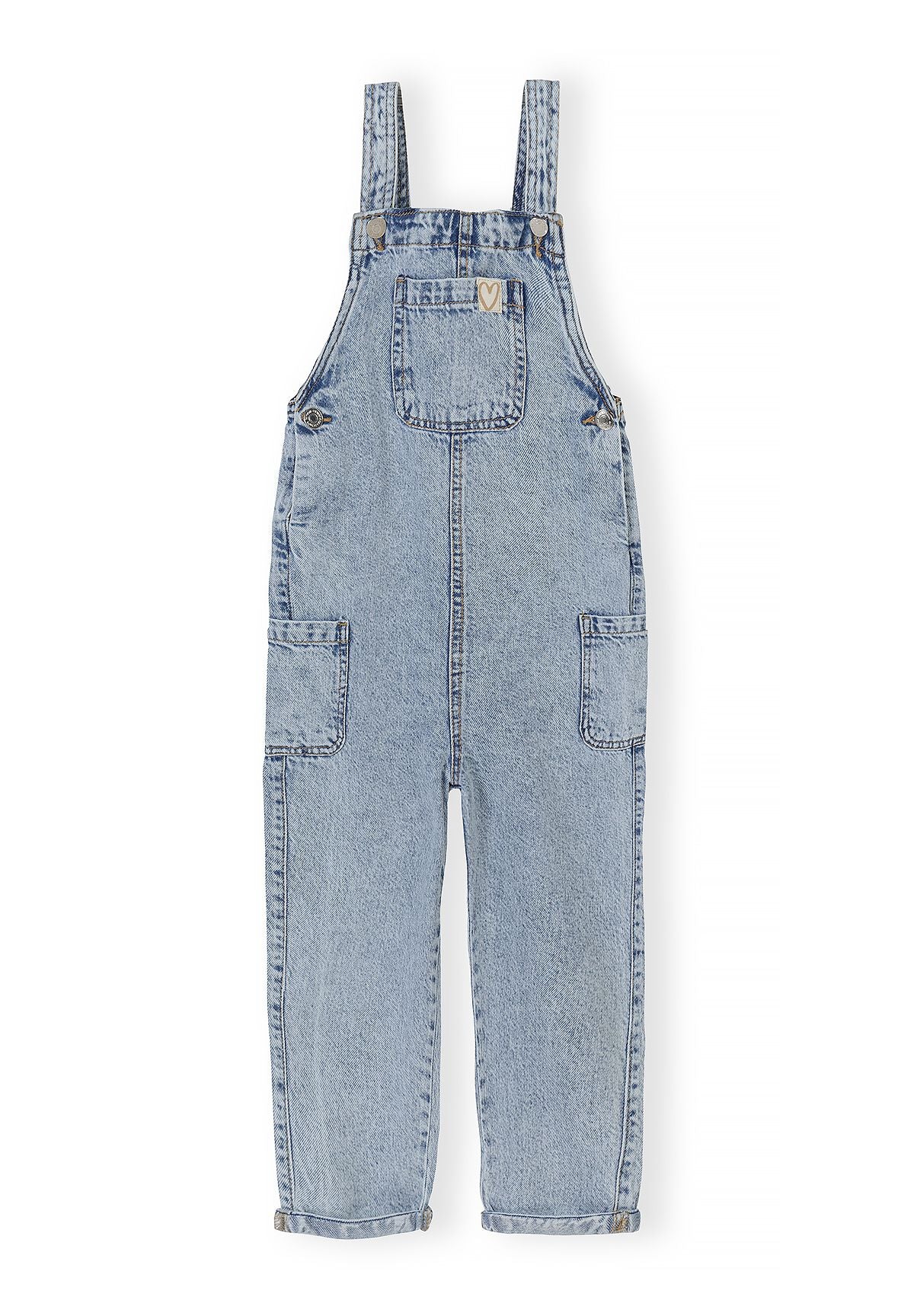 Front of light blue denim dungarees with chest pocket, side patch pockets and turned-up hems.