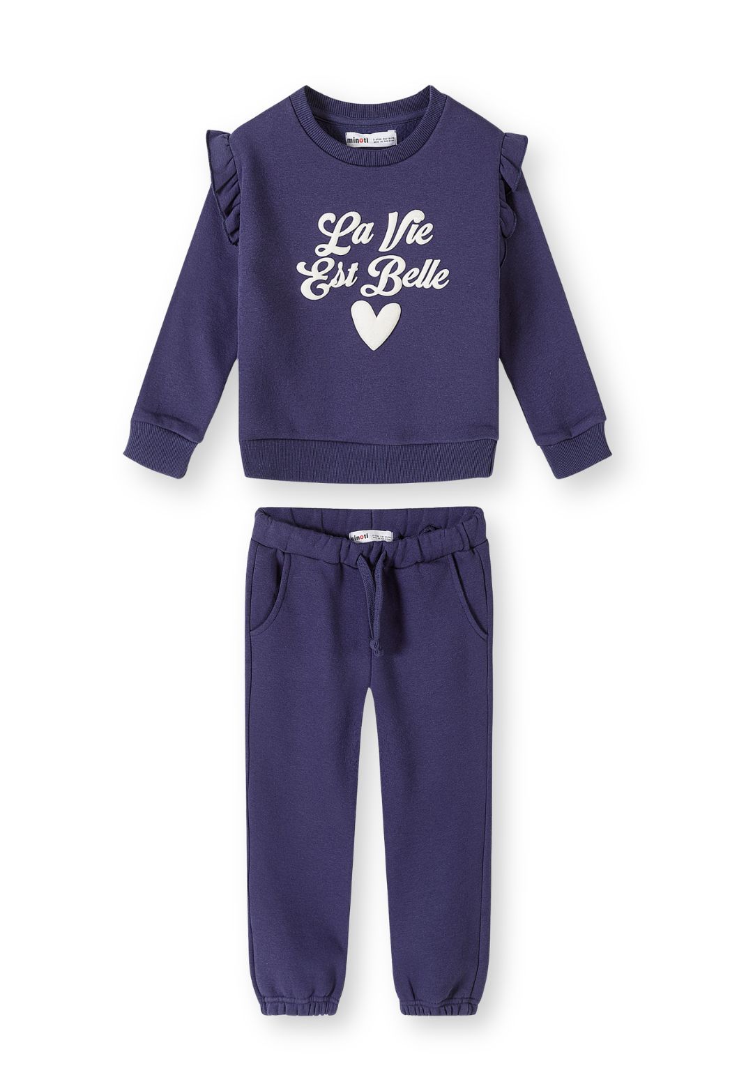 Ensemble sweat-shirt et pantalon de jogging bleu foncé à volants pour fille, vue de face.