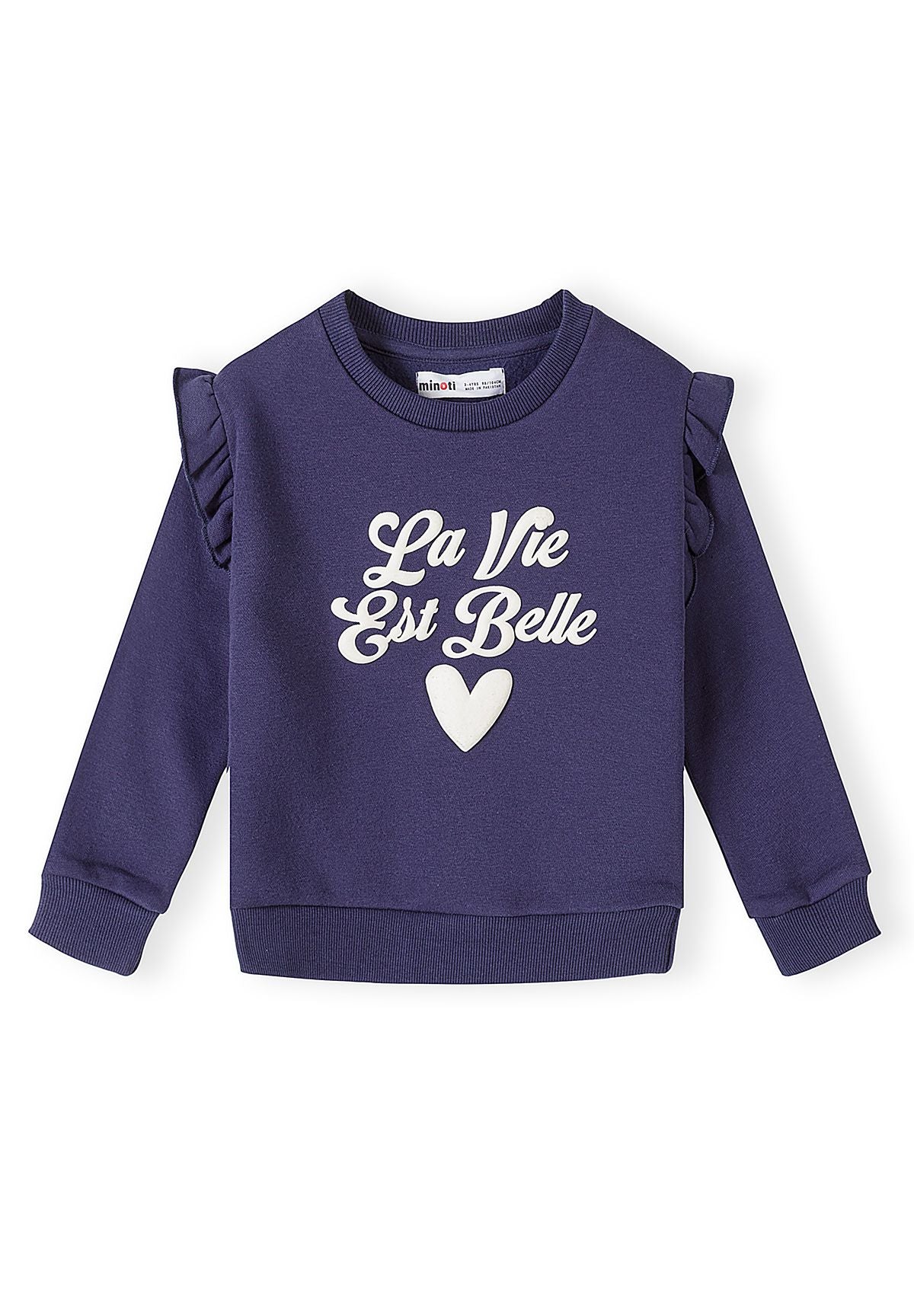 Survêtement bleu foncé à volants pour fille, composé d'un sweat-shirt et d'un pantalon de jogging, vue de face.