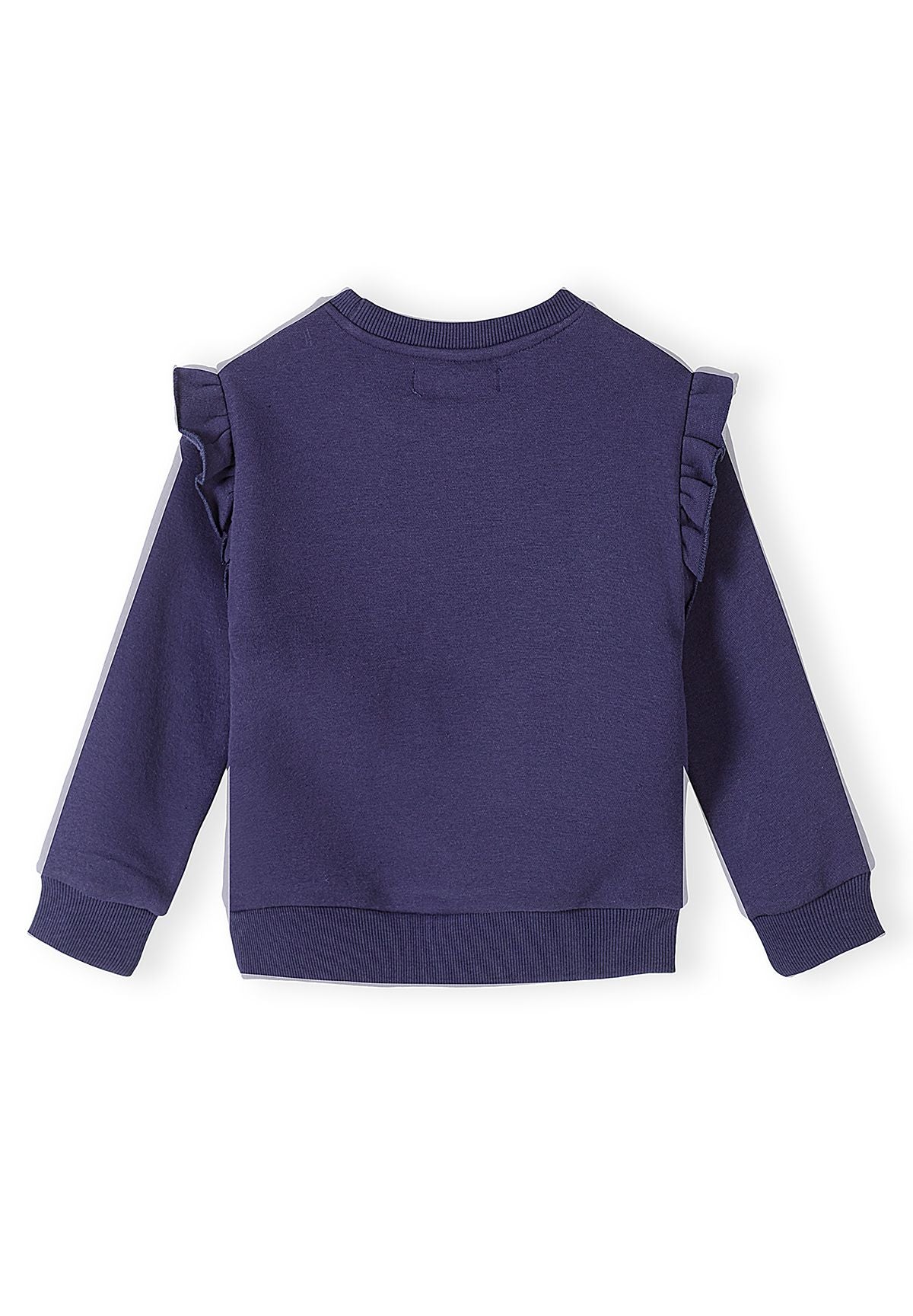 Survêtement pour fille composé d'un sweat-shirt bleu foncé à volants et d'un pantalon de jogging, sweat-shirt, vue de dos.