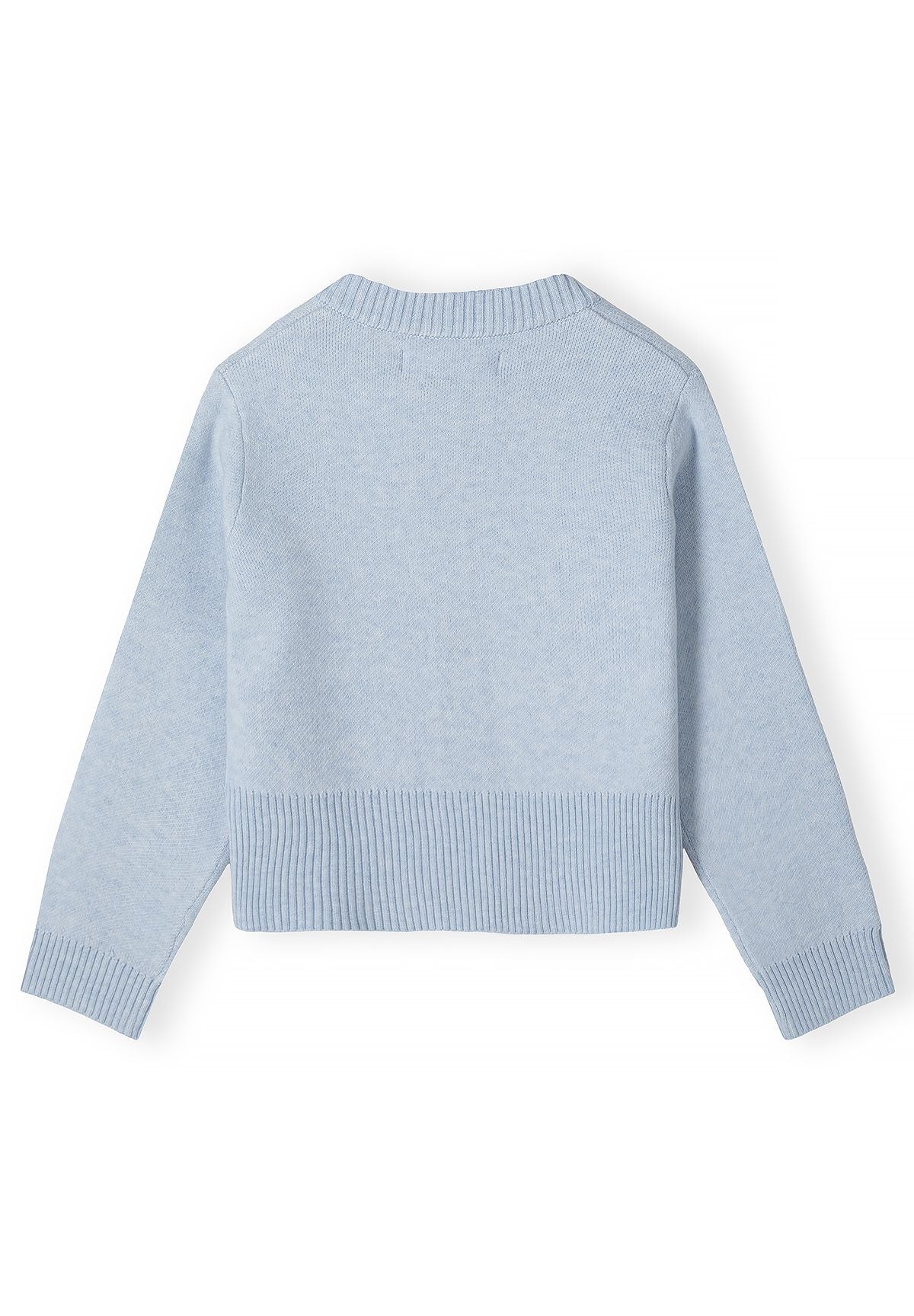 Plain back of the pale blue cropped cardigan with ribbed lower panel and long sleeves.