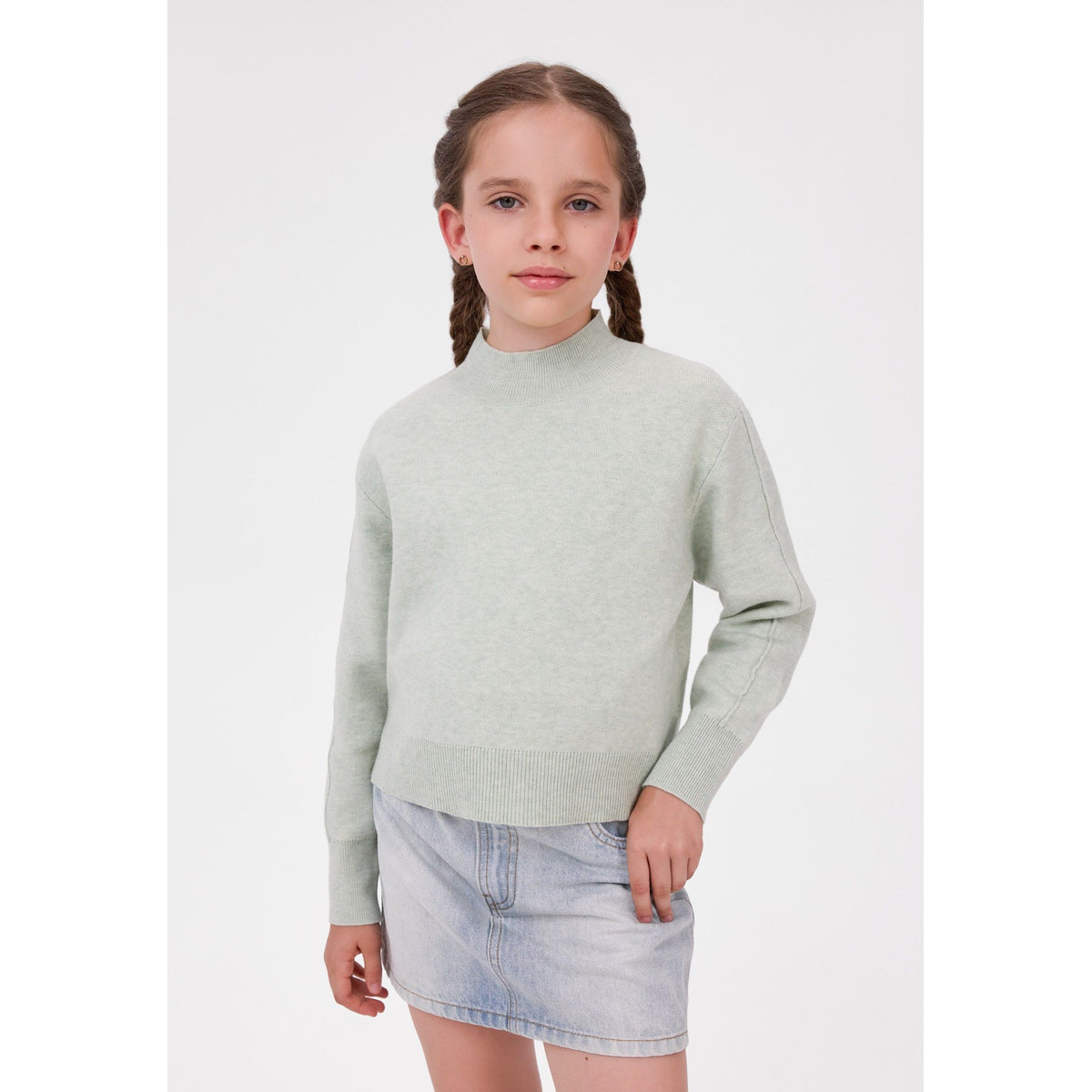Girls' high-neck knitted jumper in pale green — complete product view for square Shop card