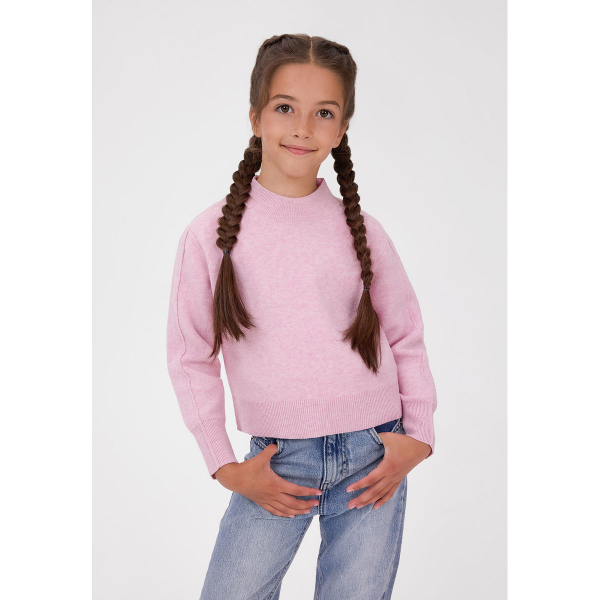 Girls' high-neck knitted jumper in pale pink — complete product view for square Shop card