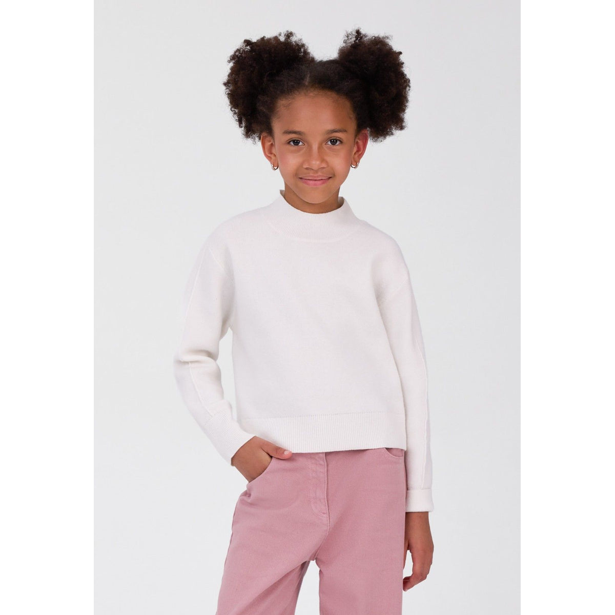 Girls' high-neck knitted jumper in cream — complete product view for square Shop card