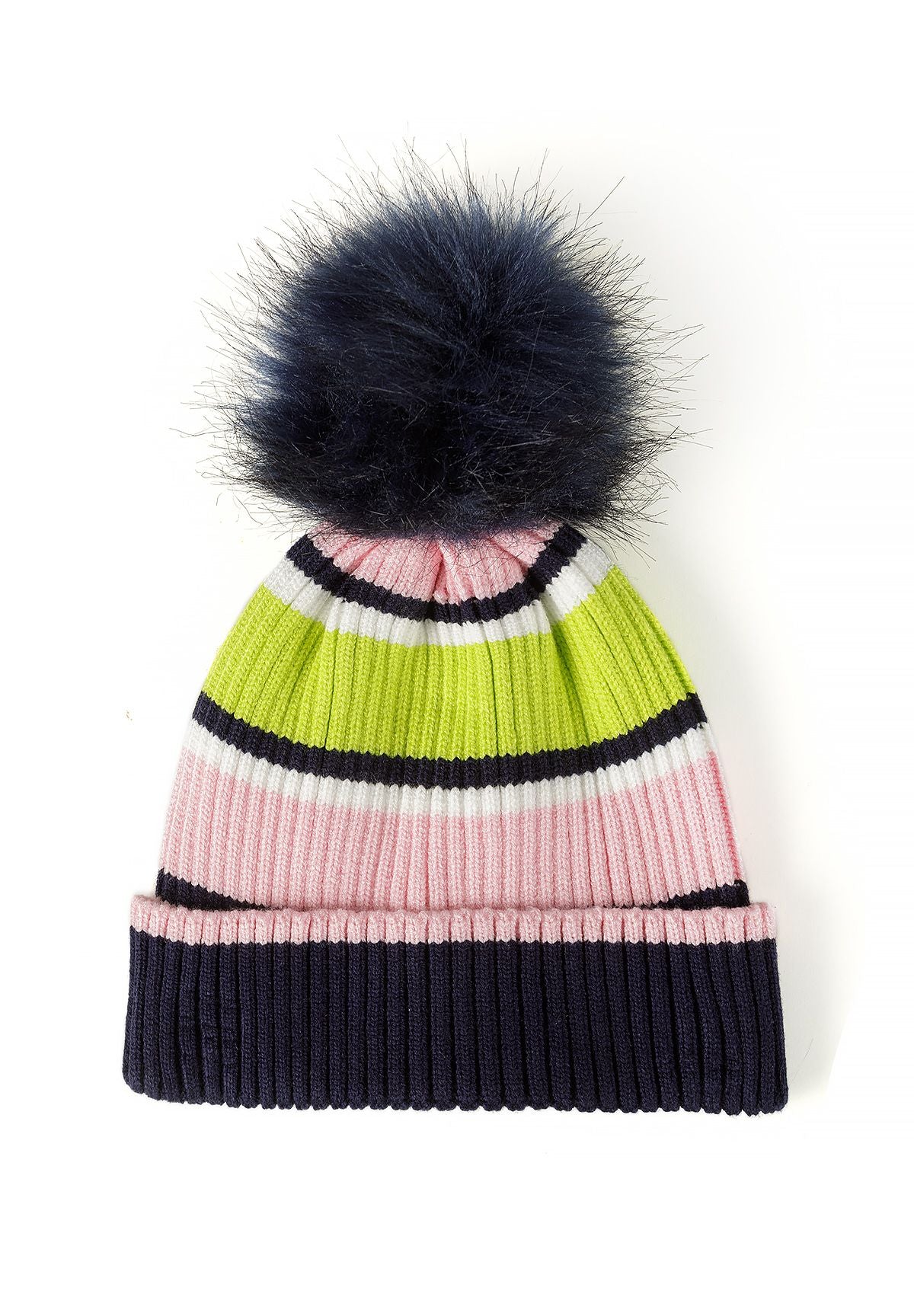 Set composto da cappello con pompon e guanti a righe blu navy, rosa e verde lime per bambina, cappello, vista frontale.