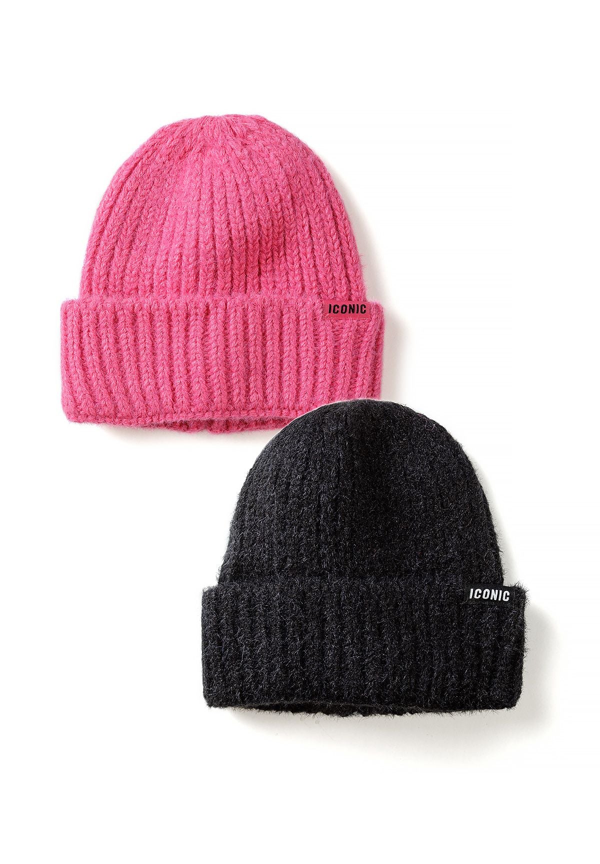 Bright pink and black fuzzy rib-knit beanies with folded brims and ICONIC fabric labels, 2-pack.