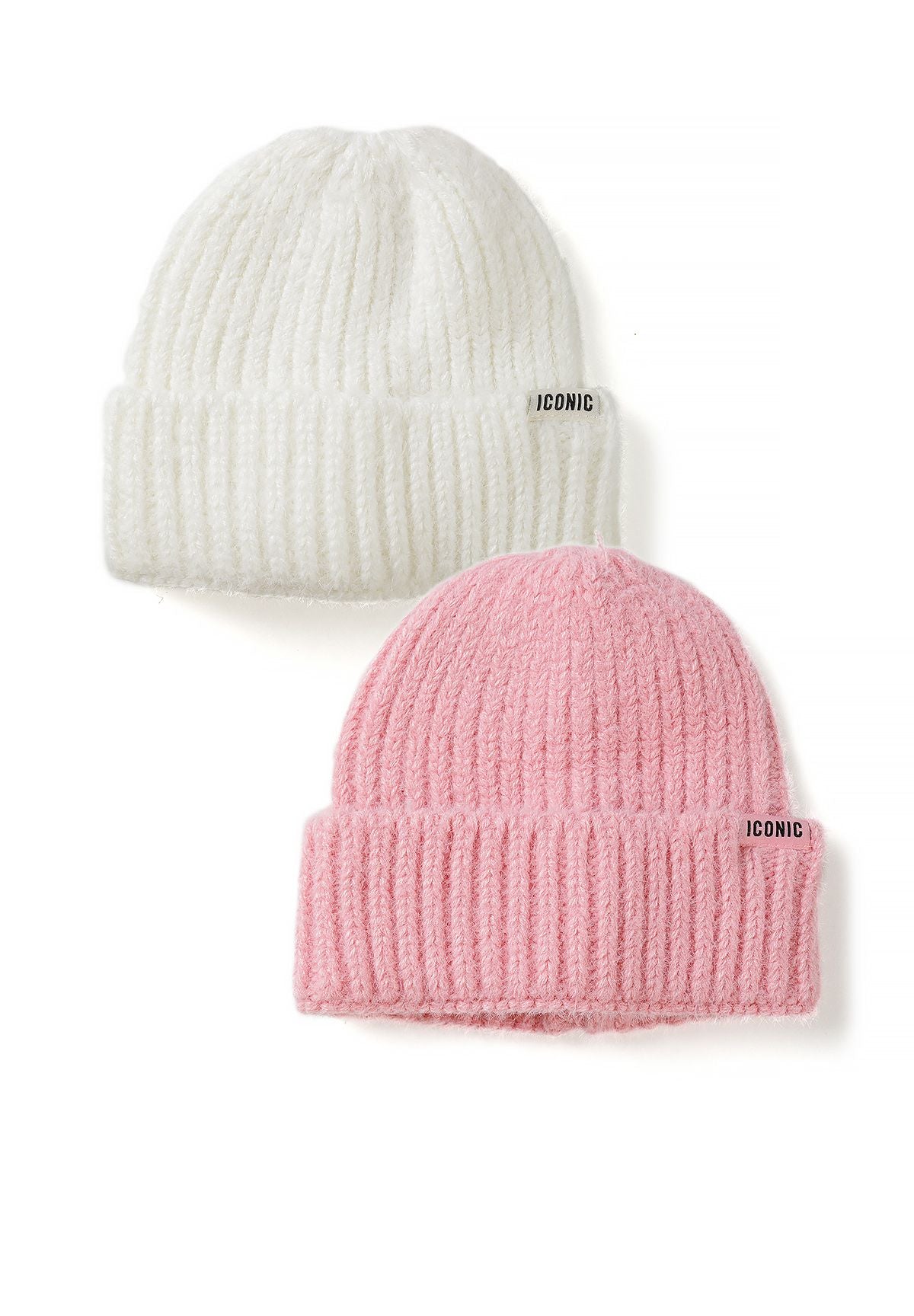 Cream and pink rib-knit beanie hats with deep folded brims and small ICONIC tabs, 2-pack.