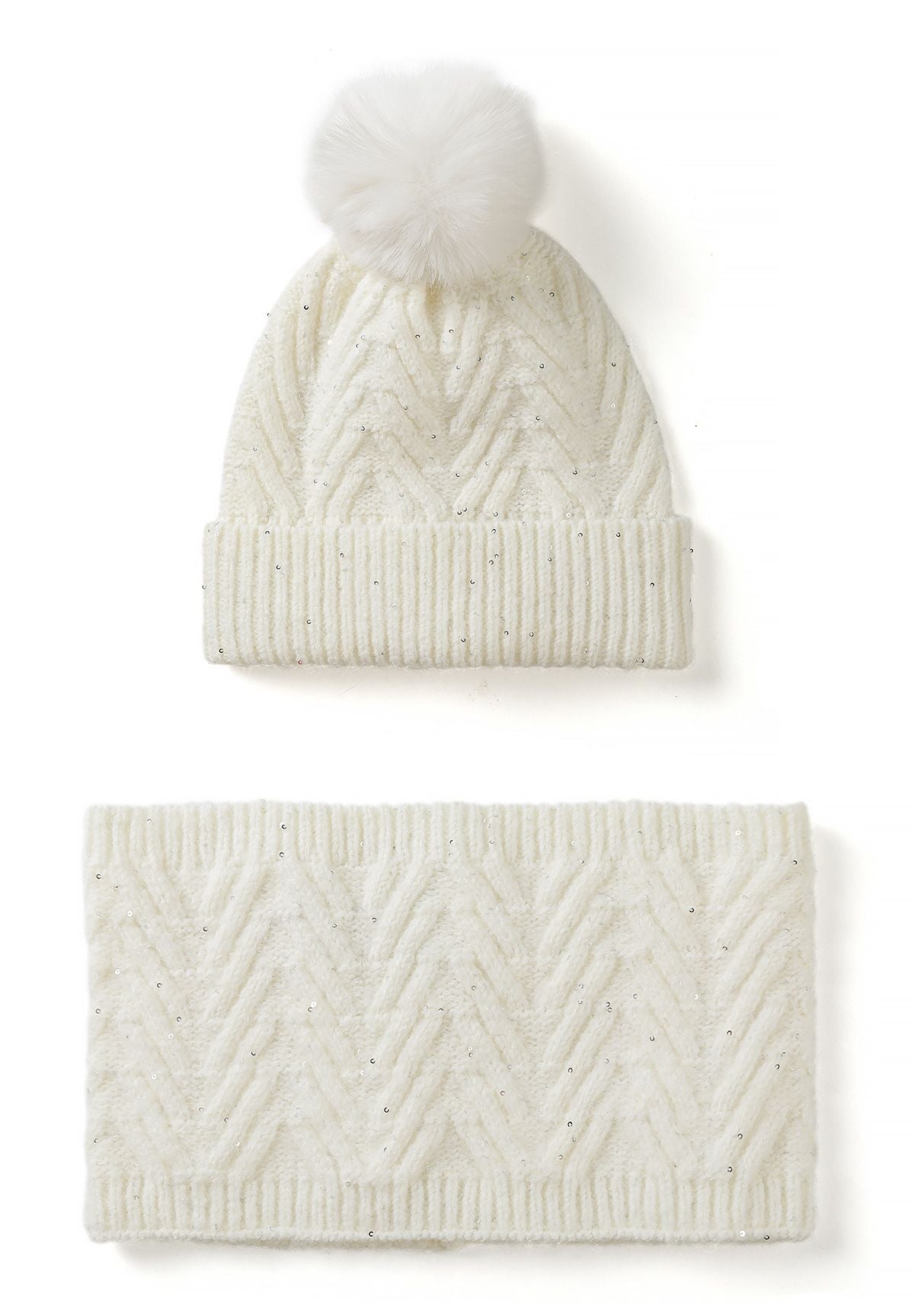 Cream knitted beanie and matching snood with chevron cables, small sequins and a fluffy pom-pom.
