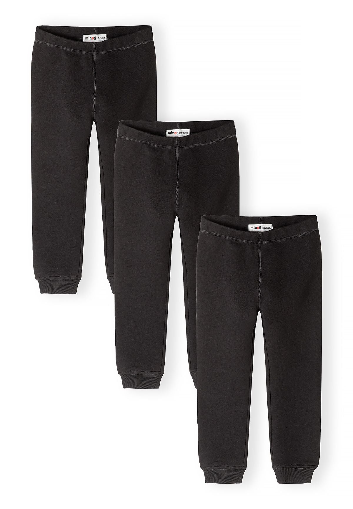 Three pairs of plain black leggings arranged in a row, each with a broad waistband and ribbed ankle cuffs, front view.