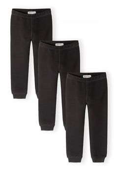 Three pairs of plain black leggings arranged in a row, each with a broad waistband and ribbed ankle cuffs, front view.