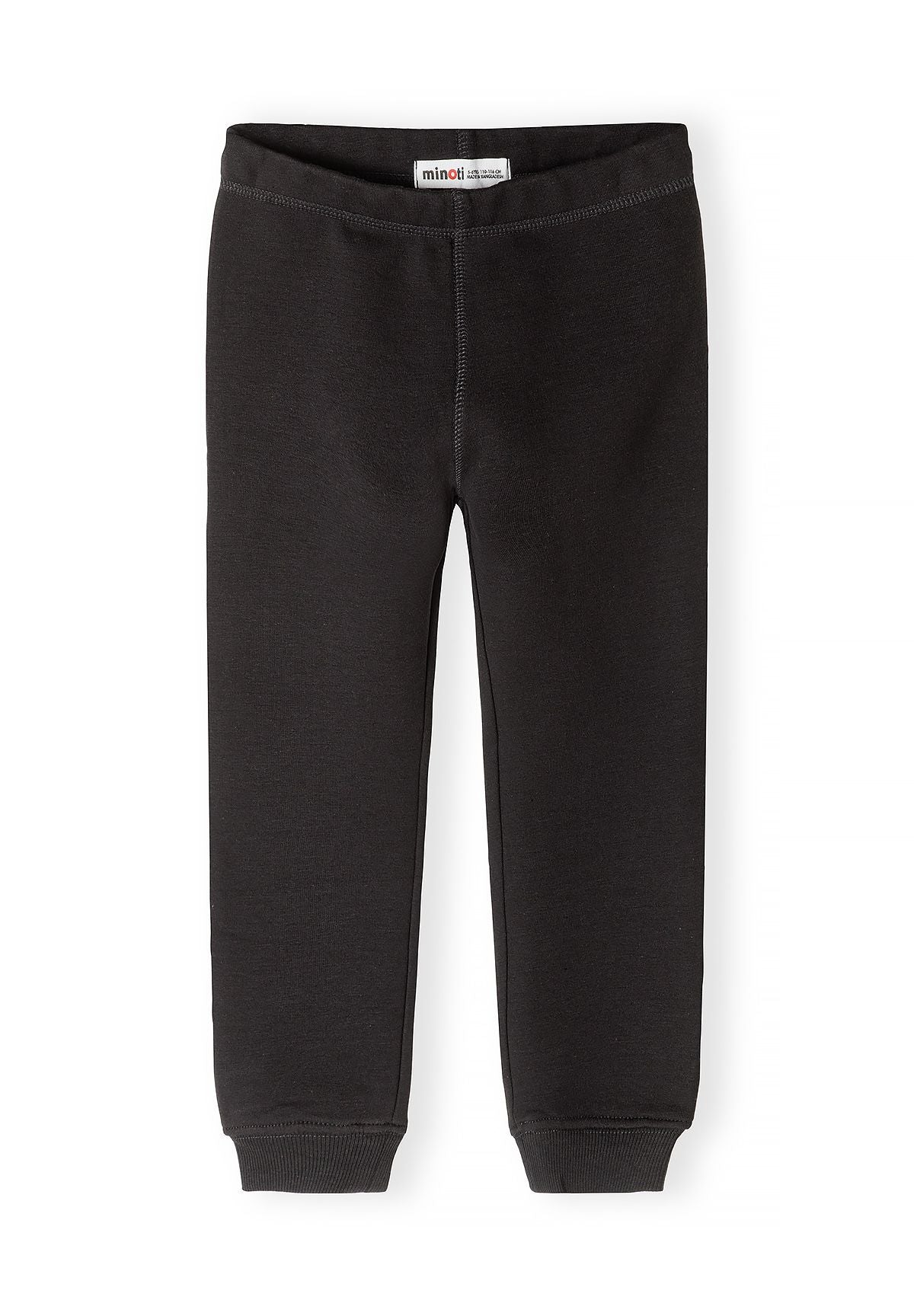 Single pair of plain black leggings with a broad waistband and ribbed ankle cuffs, front view.