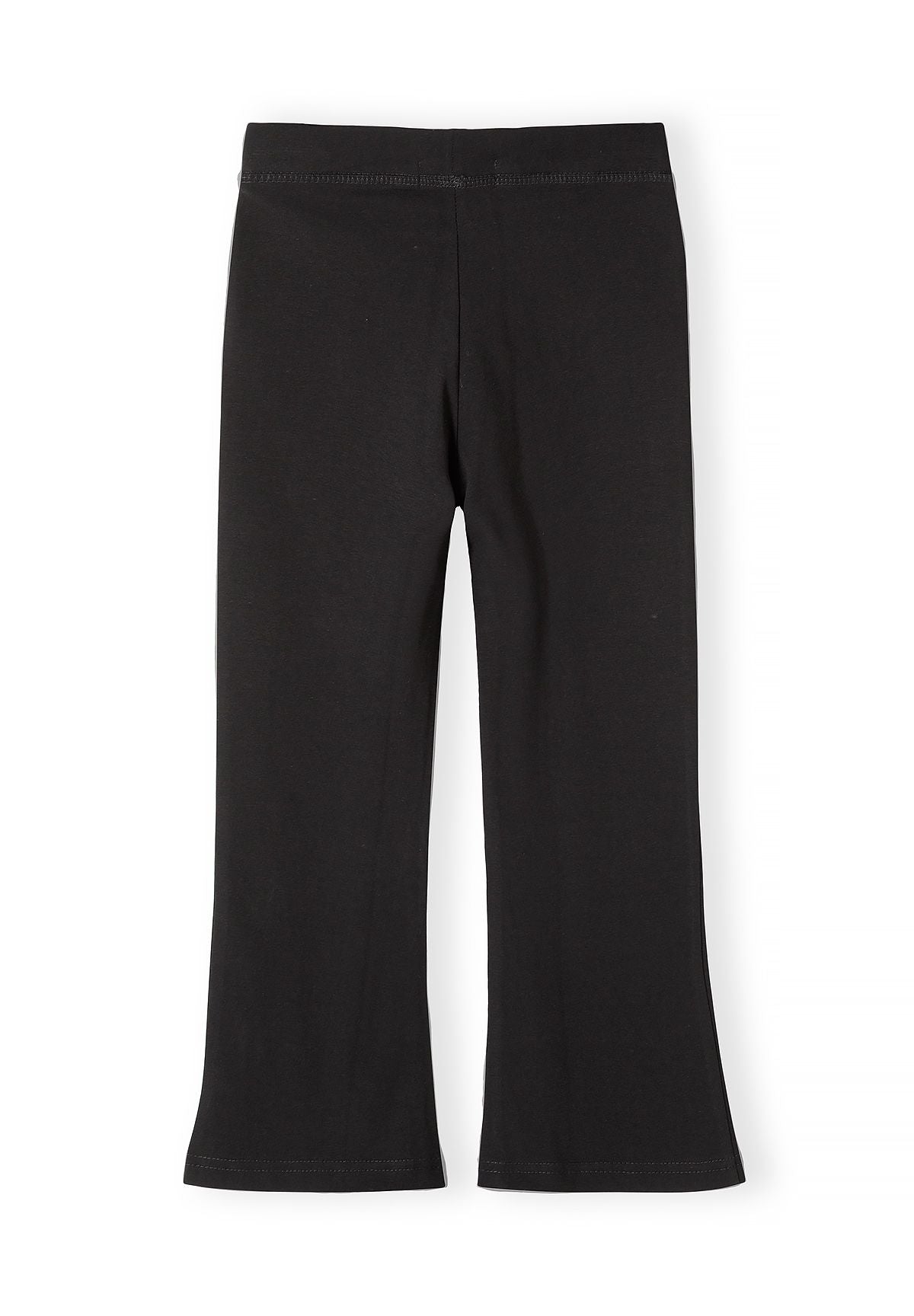 Plain back of black leggings with flared hems and no pockets.