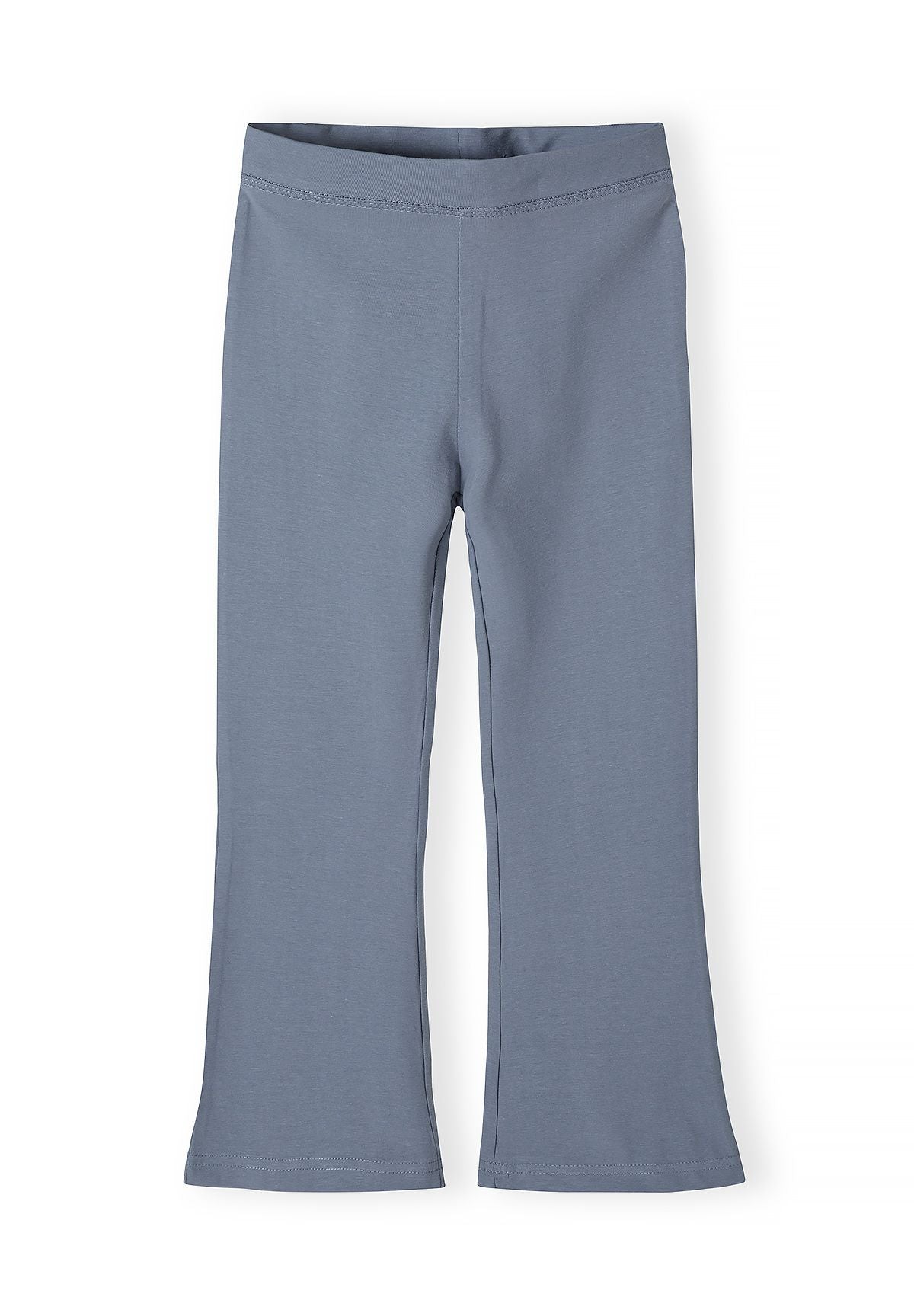 Front of muted blue leggings with smooth waistband and flared lower legs.