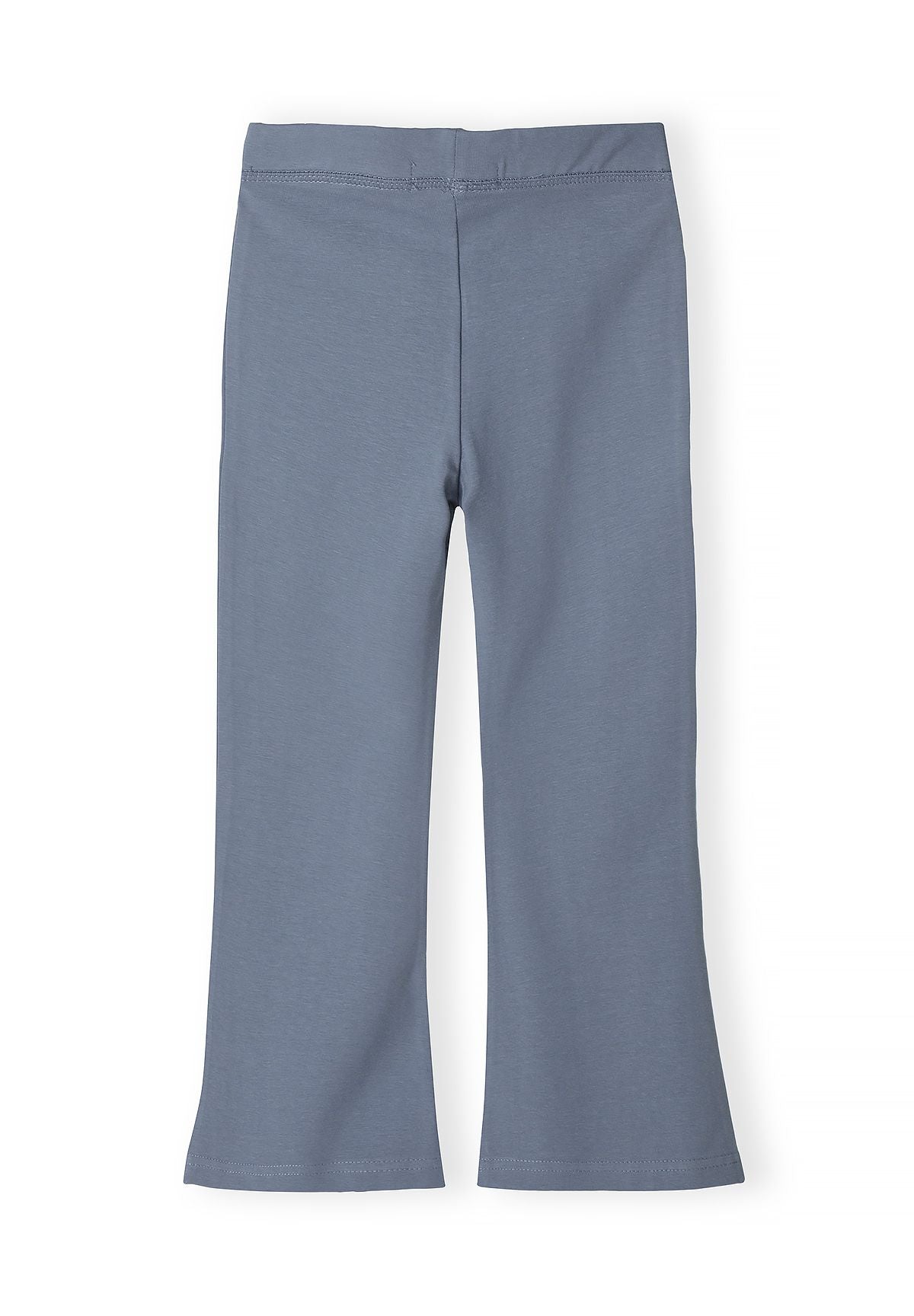 Plain back of muted slate-blue flared leggings without pockets.