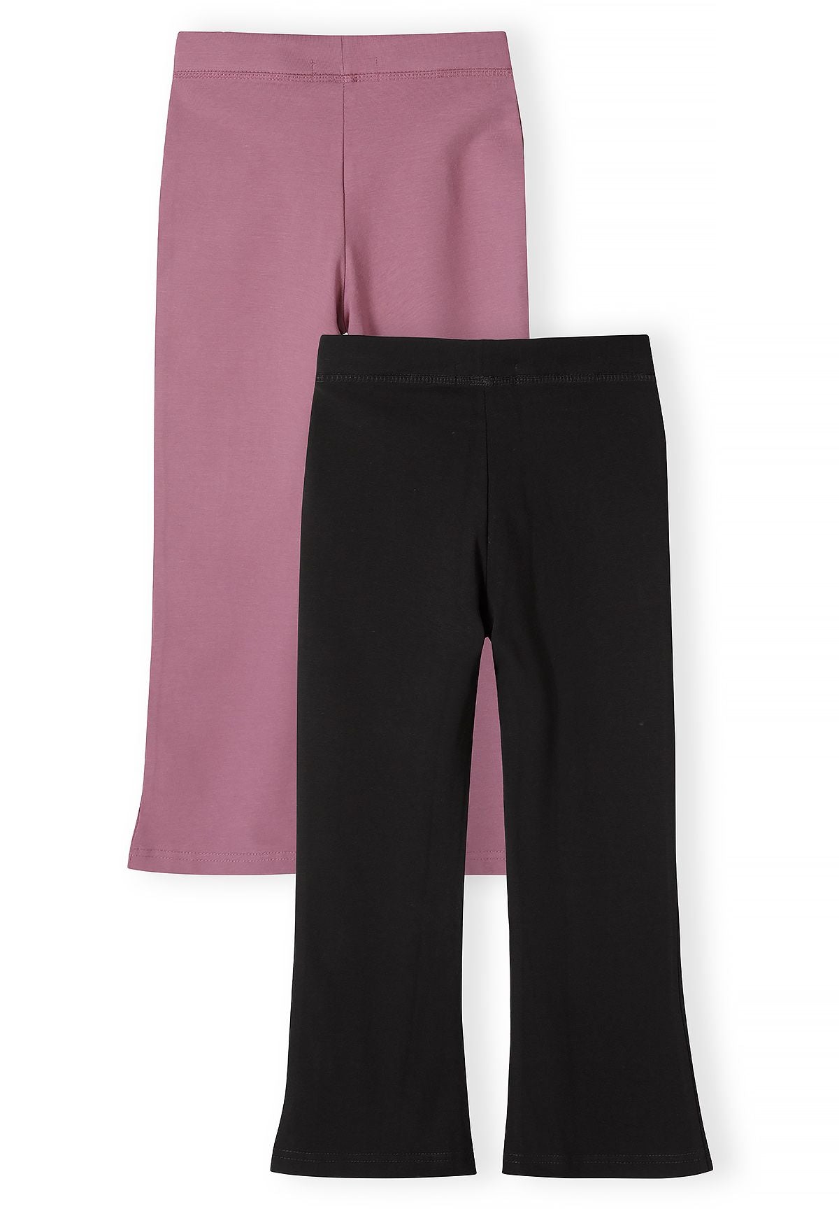 Backs of dusty pink and black leggings with gently flared hems.