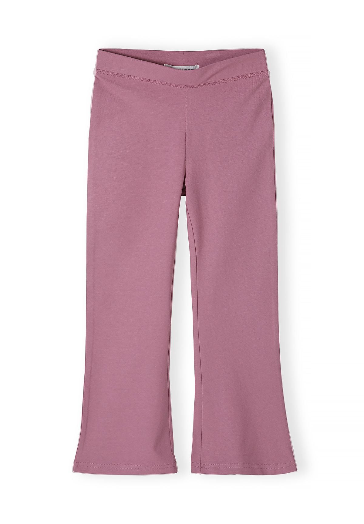 Front of dusty pink flared leggings with a wide plain waistband.