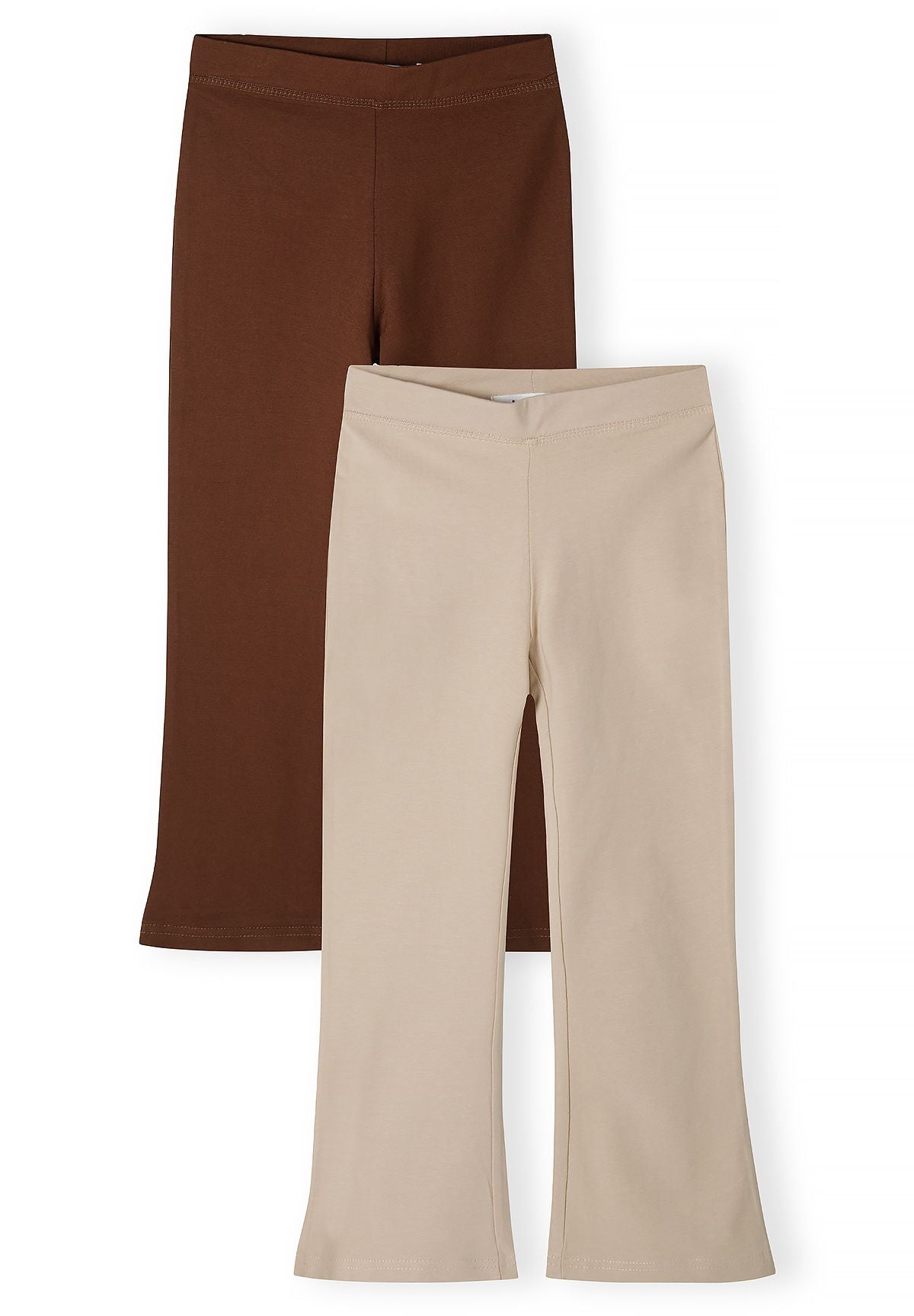 Two flared leggings in chocolate brown and sand beige, front view.