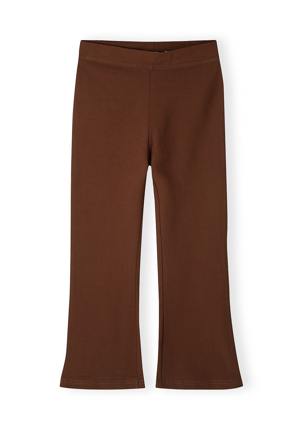 Front of chocolate brown leggings with a shallow V waist and flared hems.