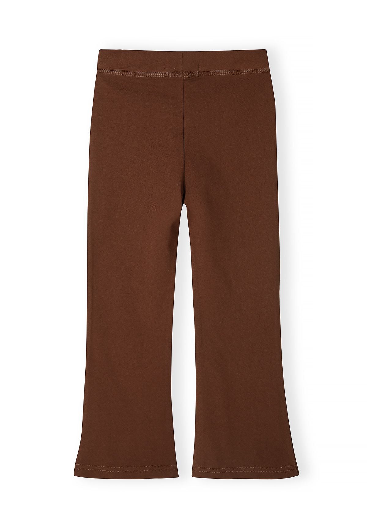 Back of chocolate brown flared leggings with a plain waistband.