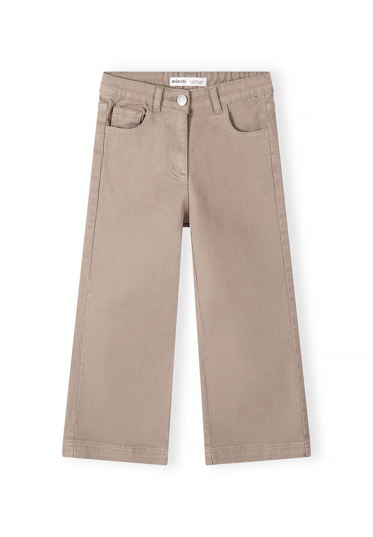 Beigefarbene Mädchenhose mit weitem Bein, Vorderansicht.