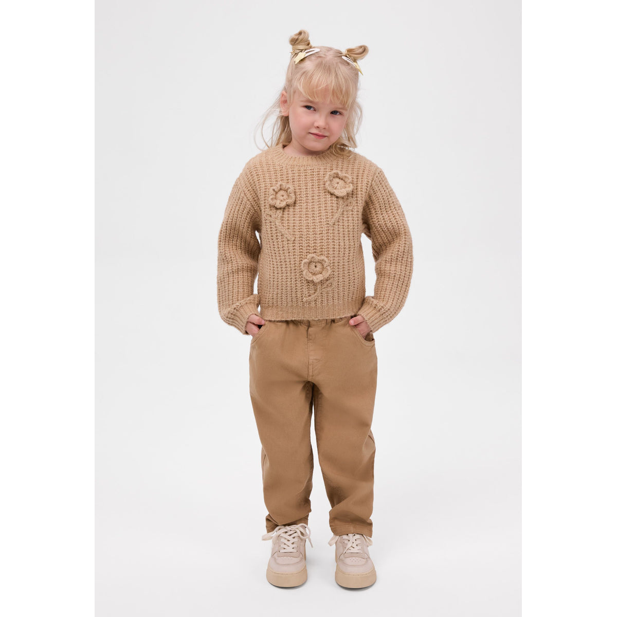 Girls' paperbag-waist trousers in tan — complete product view for square Shop card