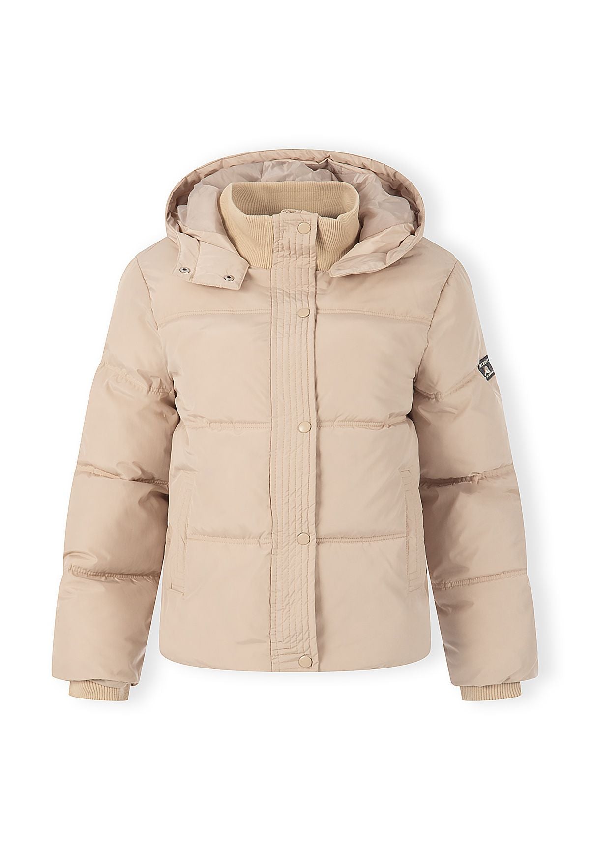 Women's short puffer jacket in beige with hood, front view
