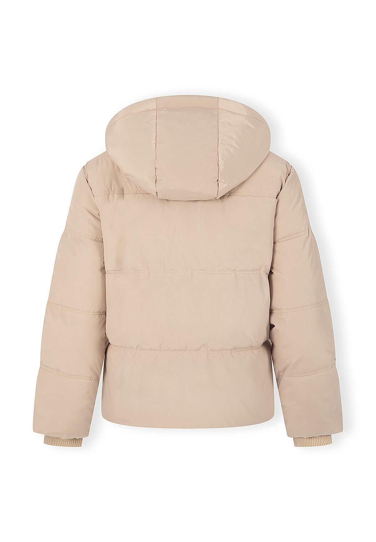 Women's short puffer jacket in beige with hood, back view