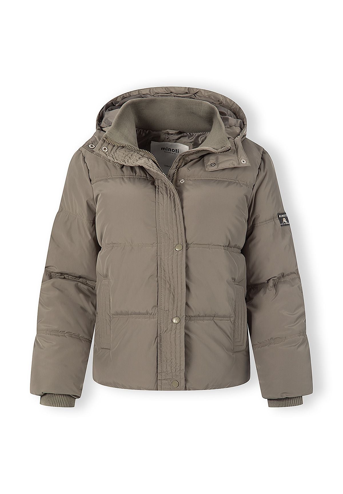 Women's short puffer jacket in khaki with hood, open at the neck to show the ribbed collar and hood lining