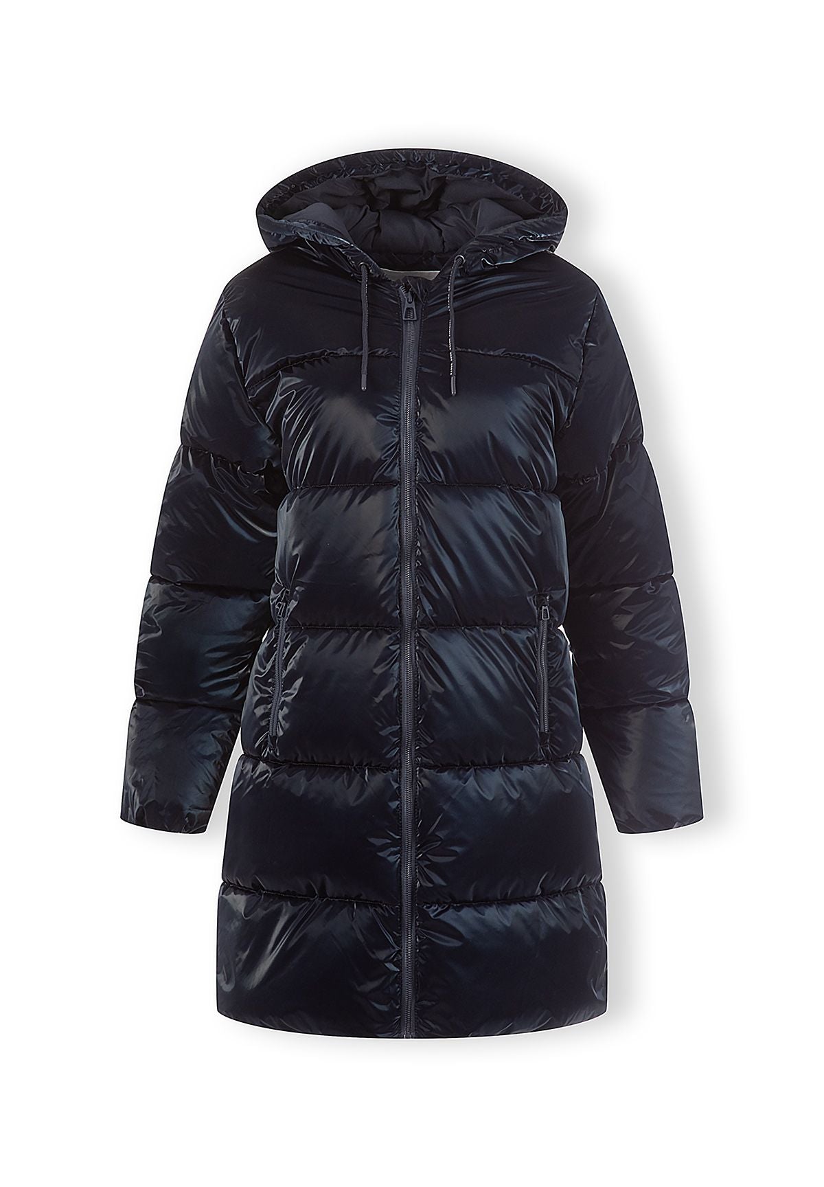 Front view of a glossy dark-navy longline puffer coat with hood drawcords, full zip and two zipped pockets.