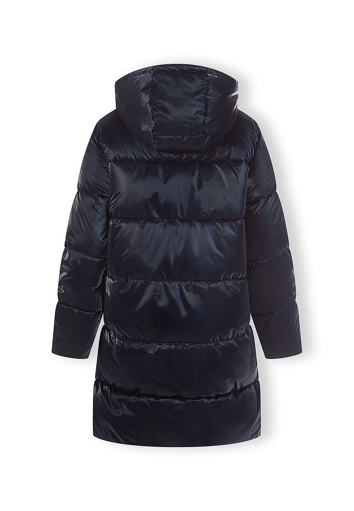 Back view of a glossy navy longline padded coat with broad horizontal quilting and a three-panel hood.