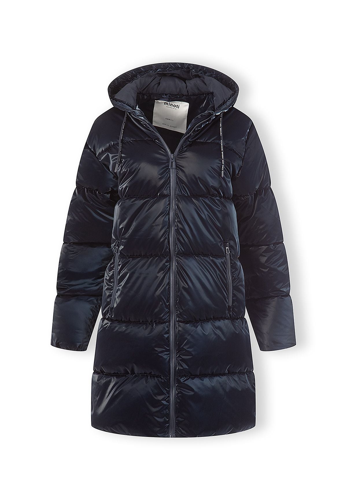 Navy longline puffer coat partly unzipped to reveal smooth dark hood lining and front pockets.