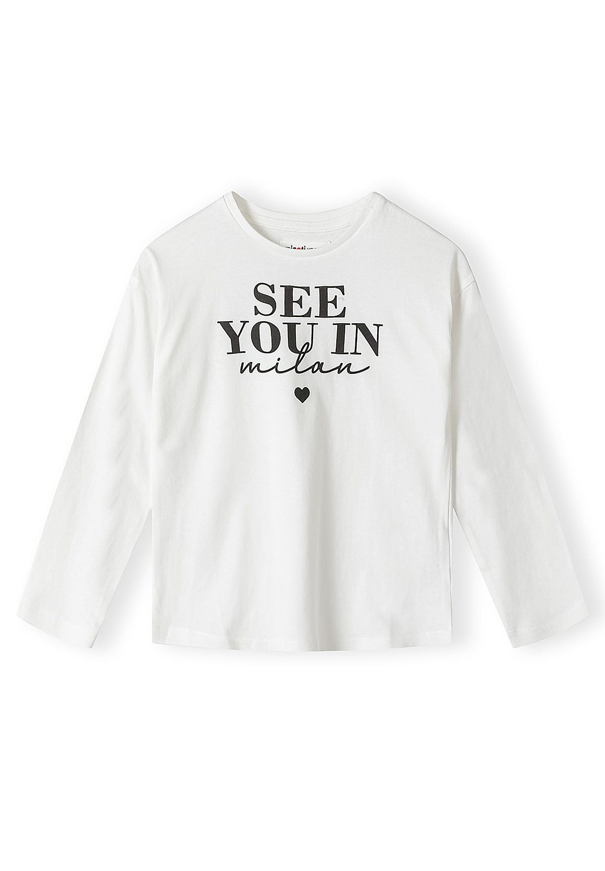 White long-sleeve top with black SEE YOU IN milan lettering and a small heart.