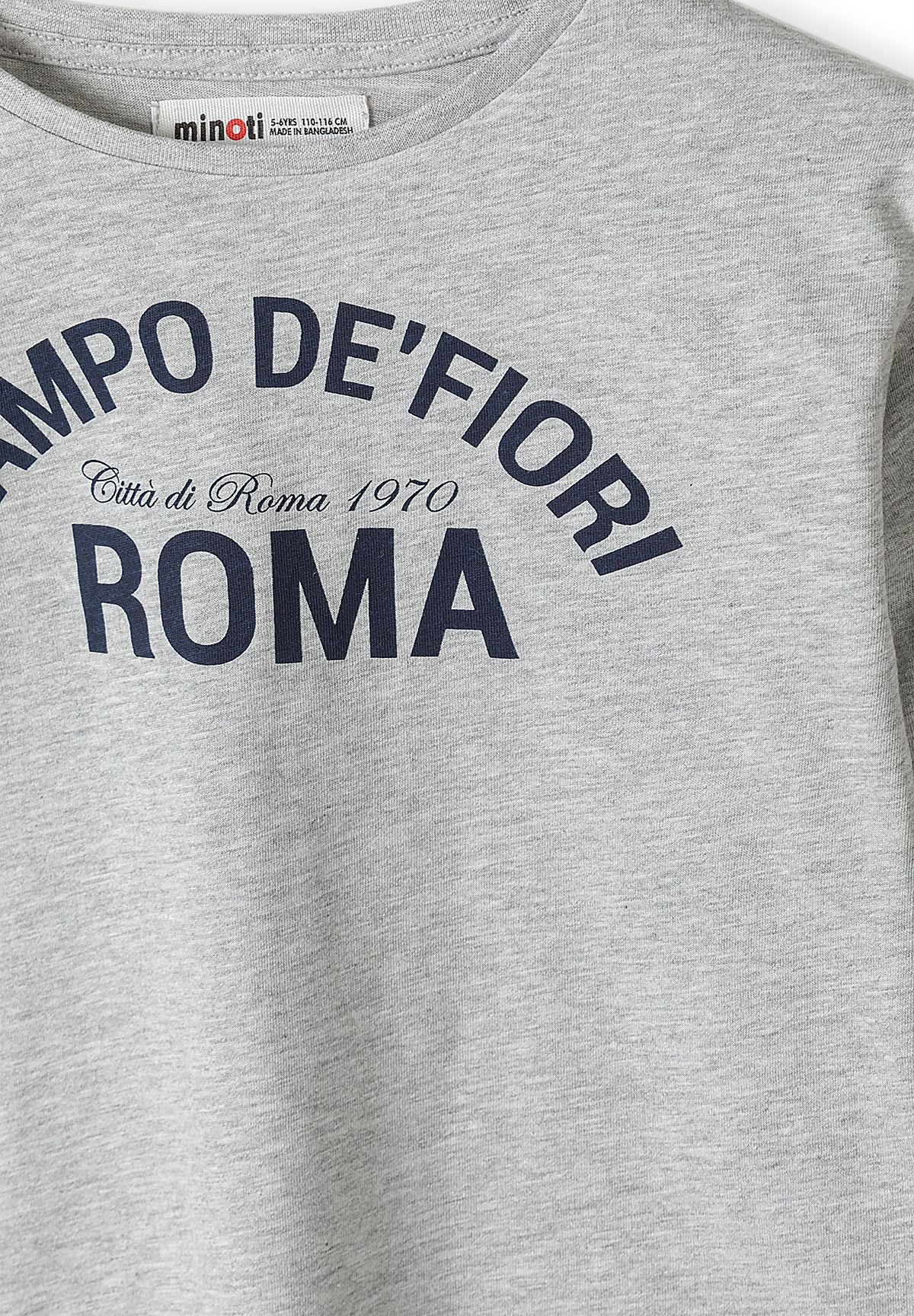 Close-up of navy CAMPO DE'FIORI ROMA lettering on a grey marl top.