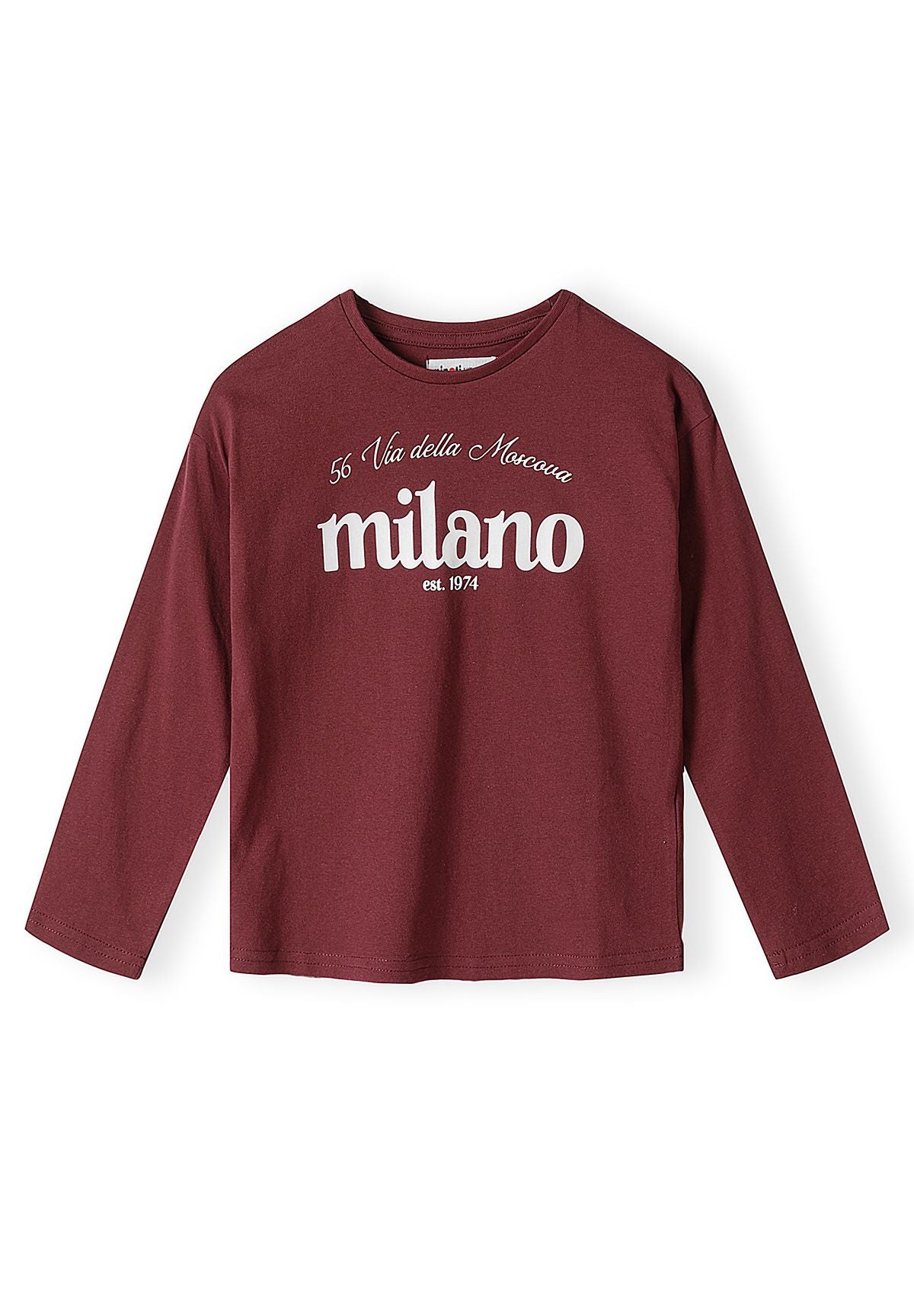 Burgundy long-sleeve top with white Milano lettering on the chest.