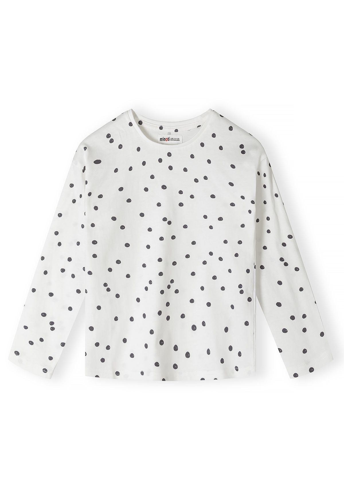 Front of white long-sleeve top with scattered charcoal spots.