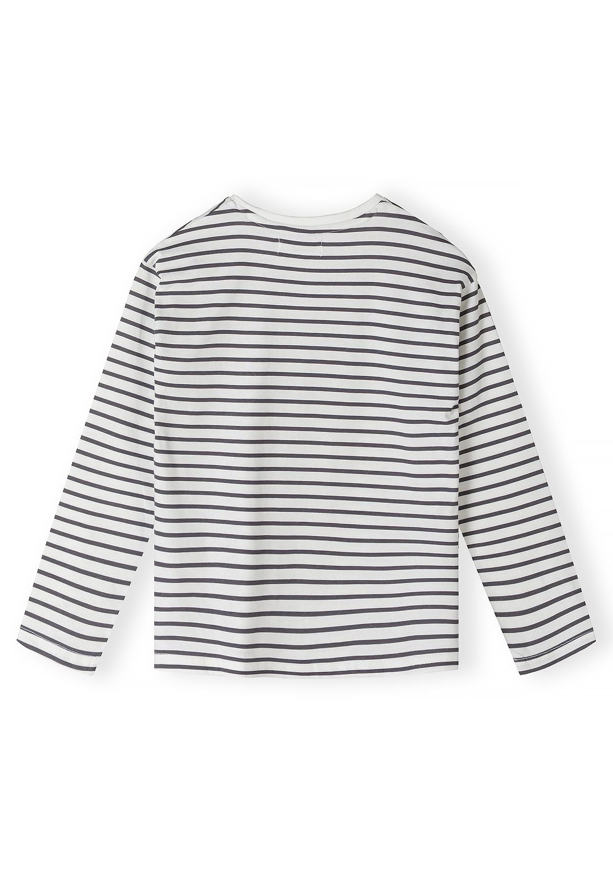 Back of off-white long-sleeve top with charcoal horizontal stripes.
