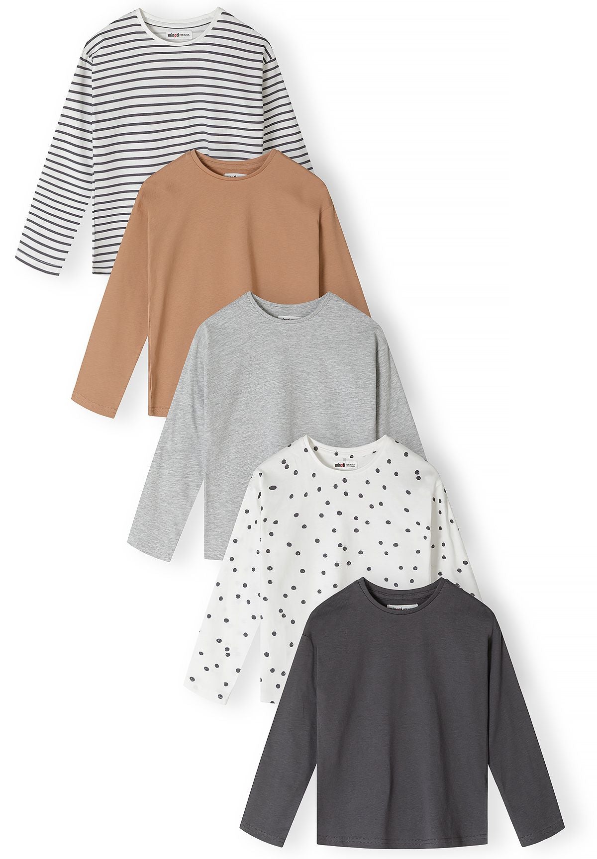 Front view of five crew-neck tops: striped, camel, grey, spotted and charcoal.