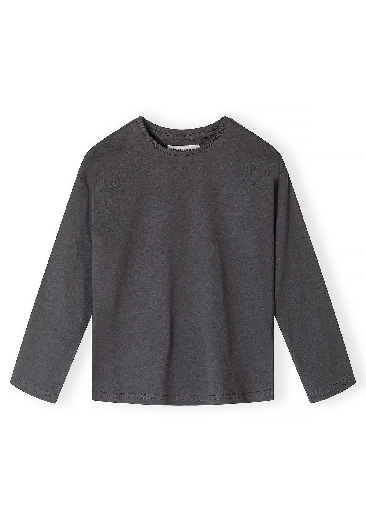 Front of plain charcoal-grey long-sleeve crew-neck top.