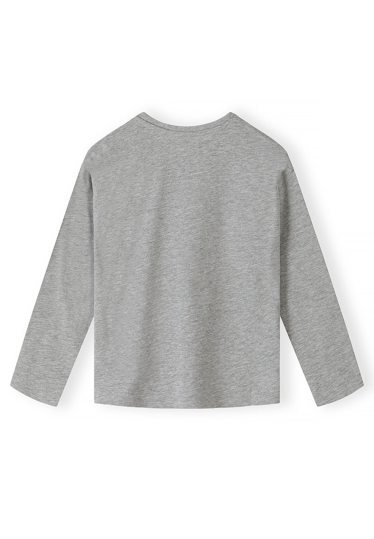 Back of plain grey marl long-sleeve top.