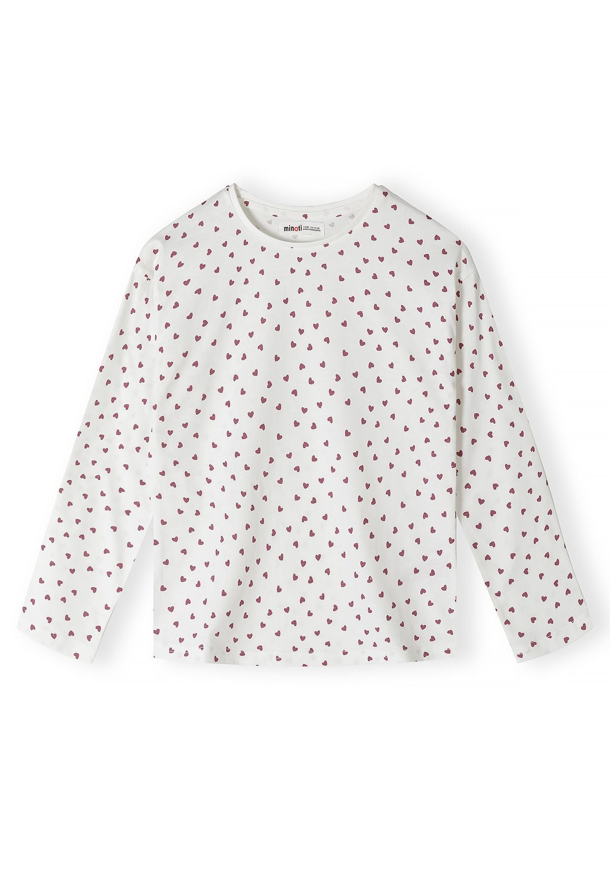 Front of white long-sleeve top covered in small berry hearts.