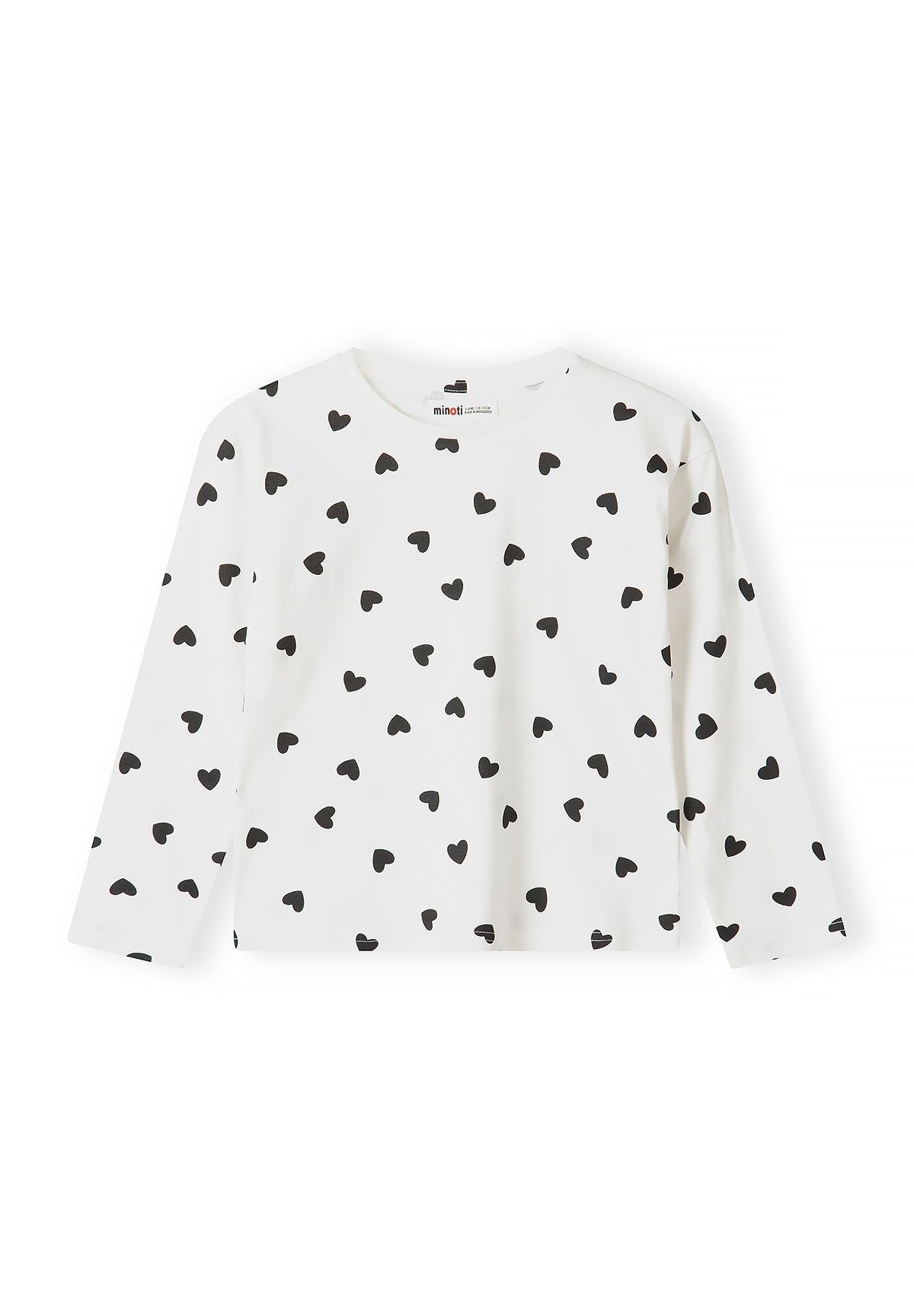 Front of white long-sleeve top with scattered black hearts.