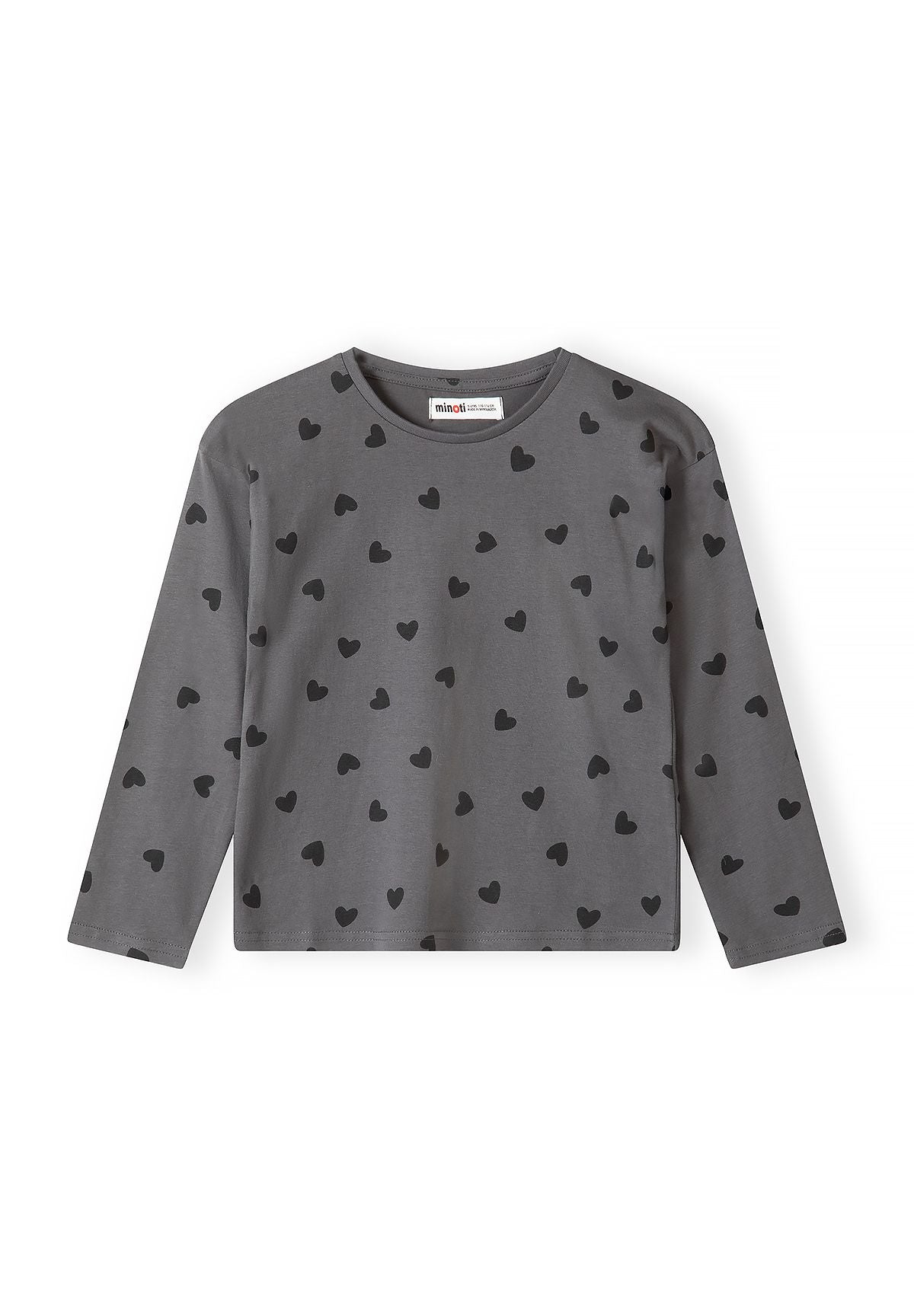 Front of charcoal-grey long-sleeve top with black heart print.