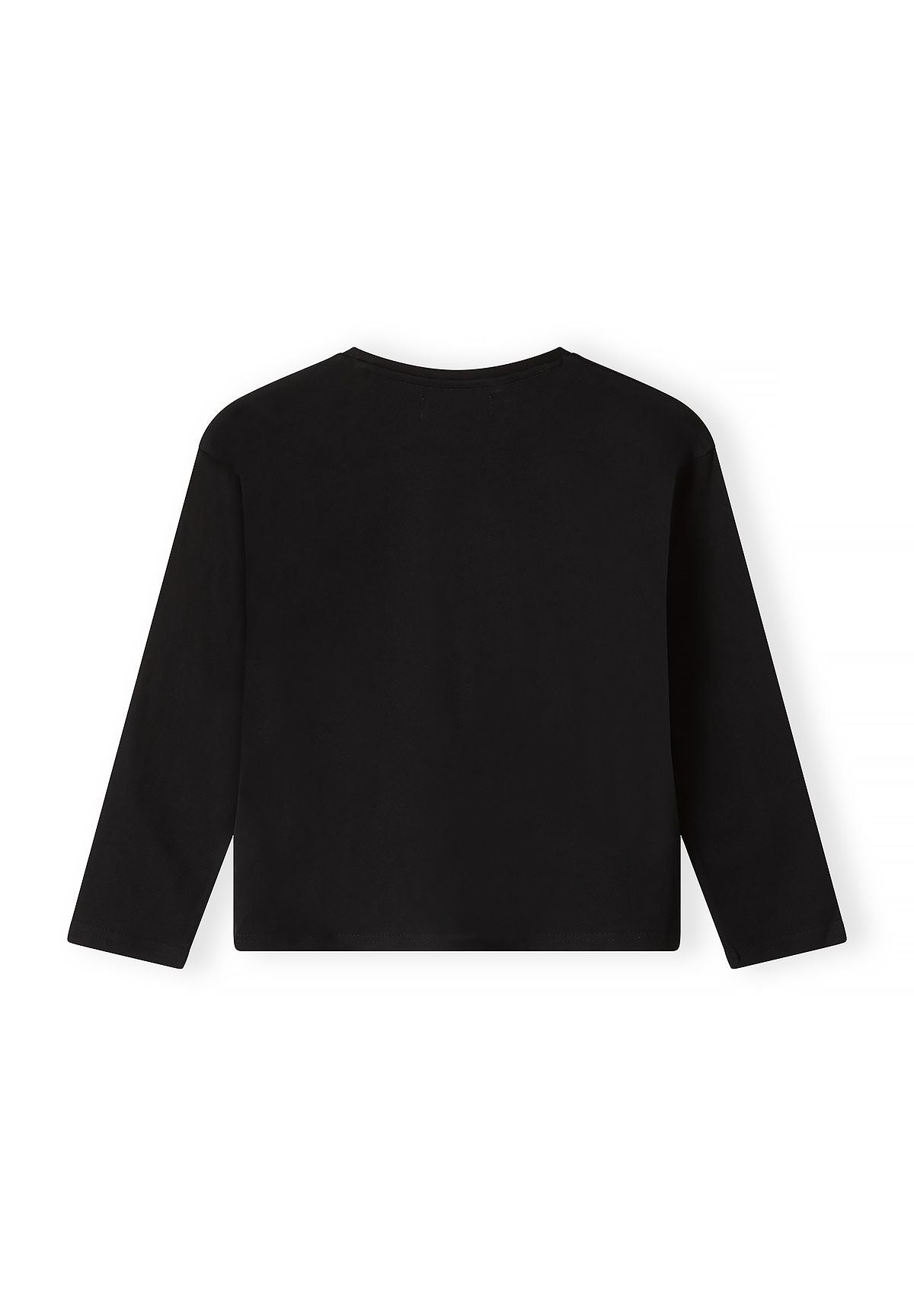 Back of plain black long-sleeve top with straight hem.