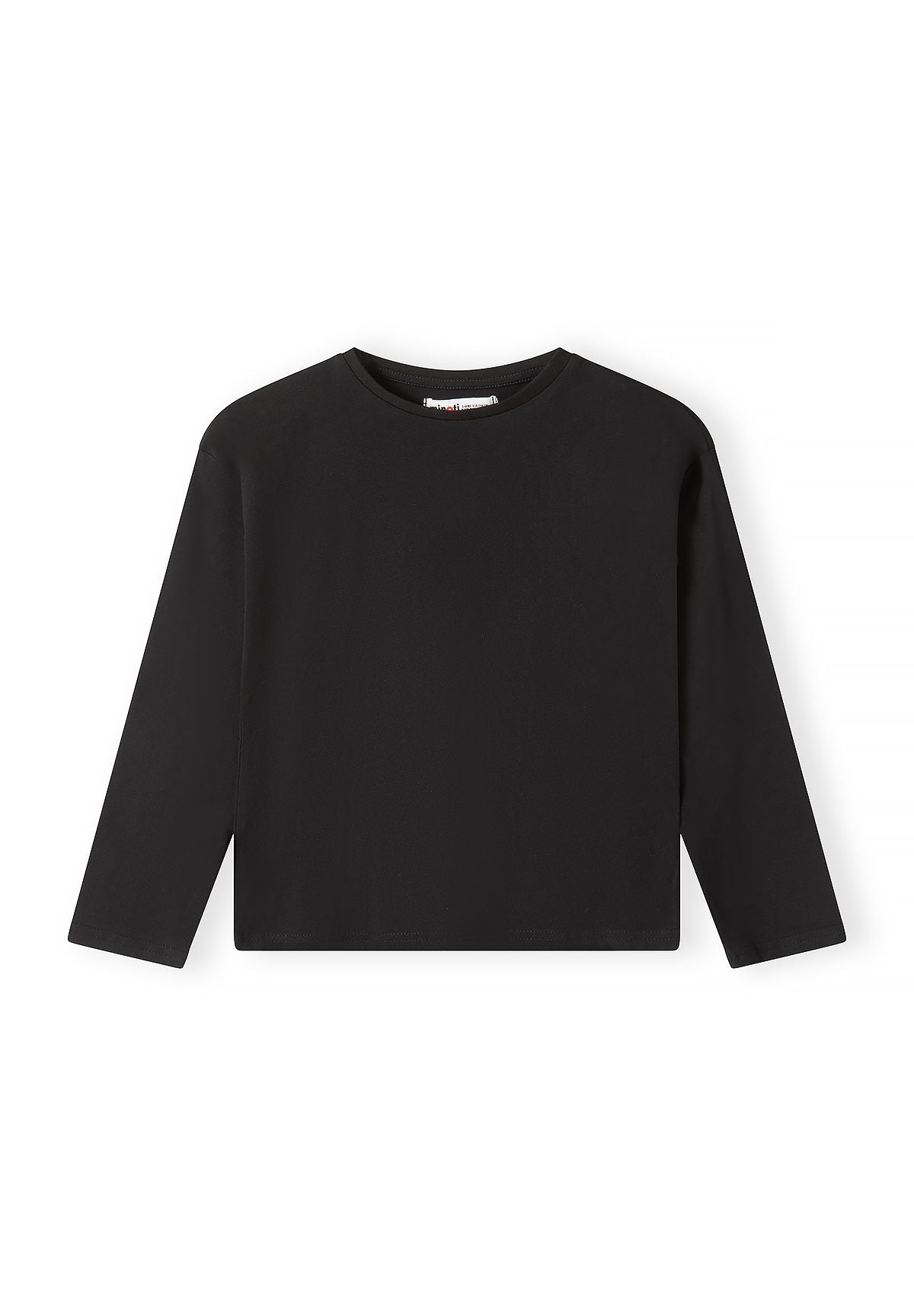 Front of plain black long-sleeve crew-neck top.